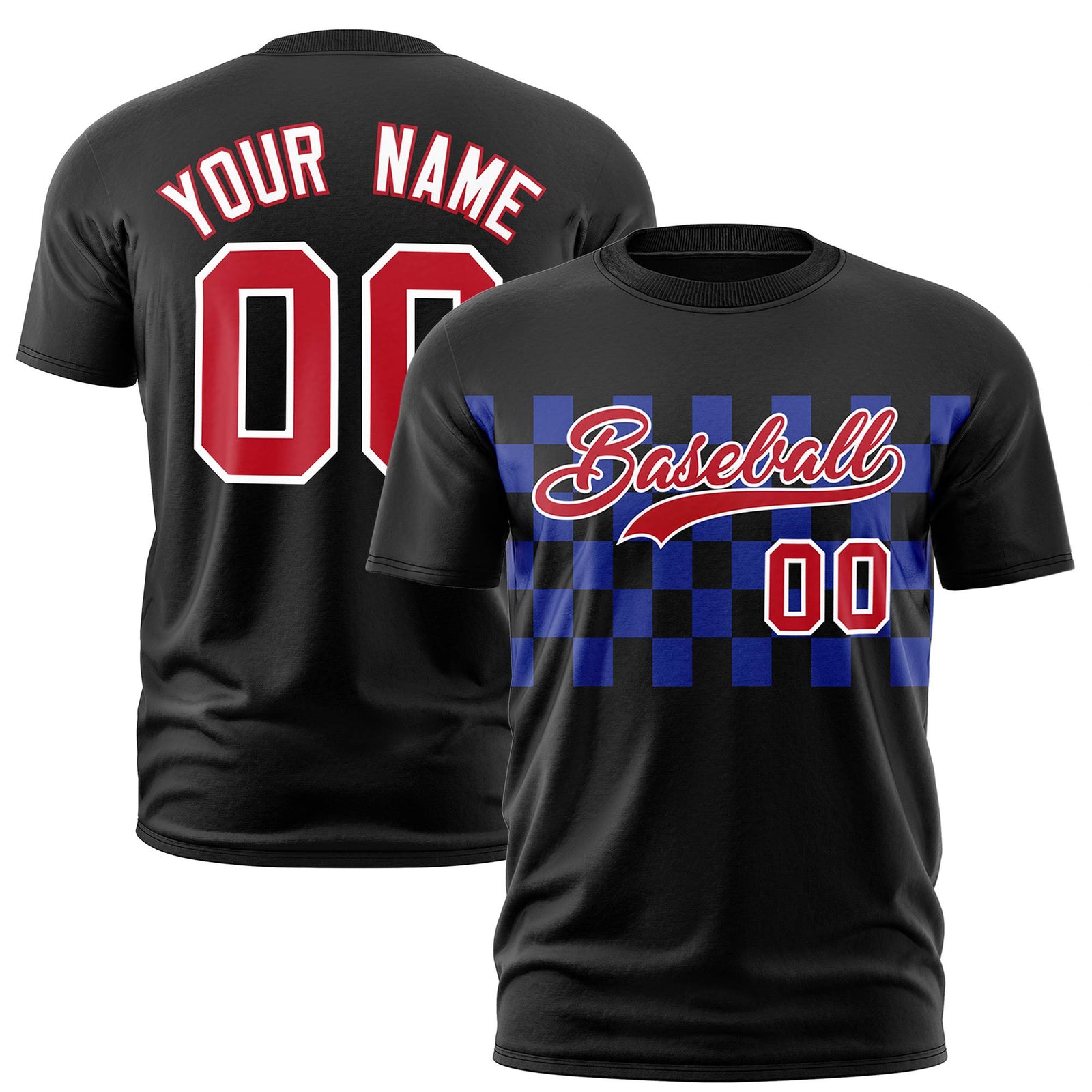 Custom Black Royal Blue Crew neck Plaid Pattern Personalized Performance T-Shirt
