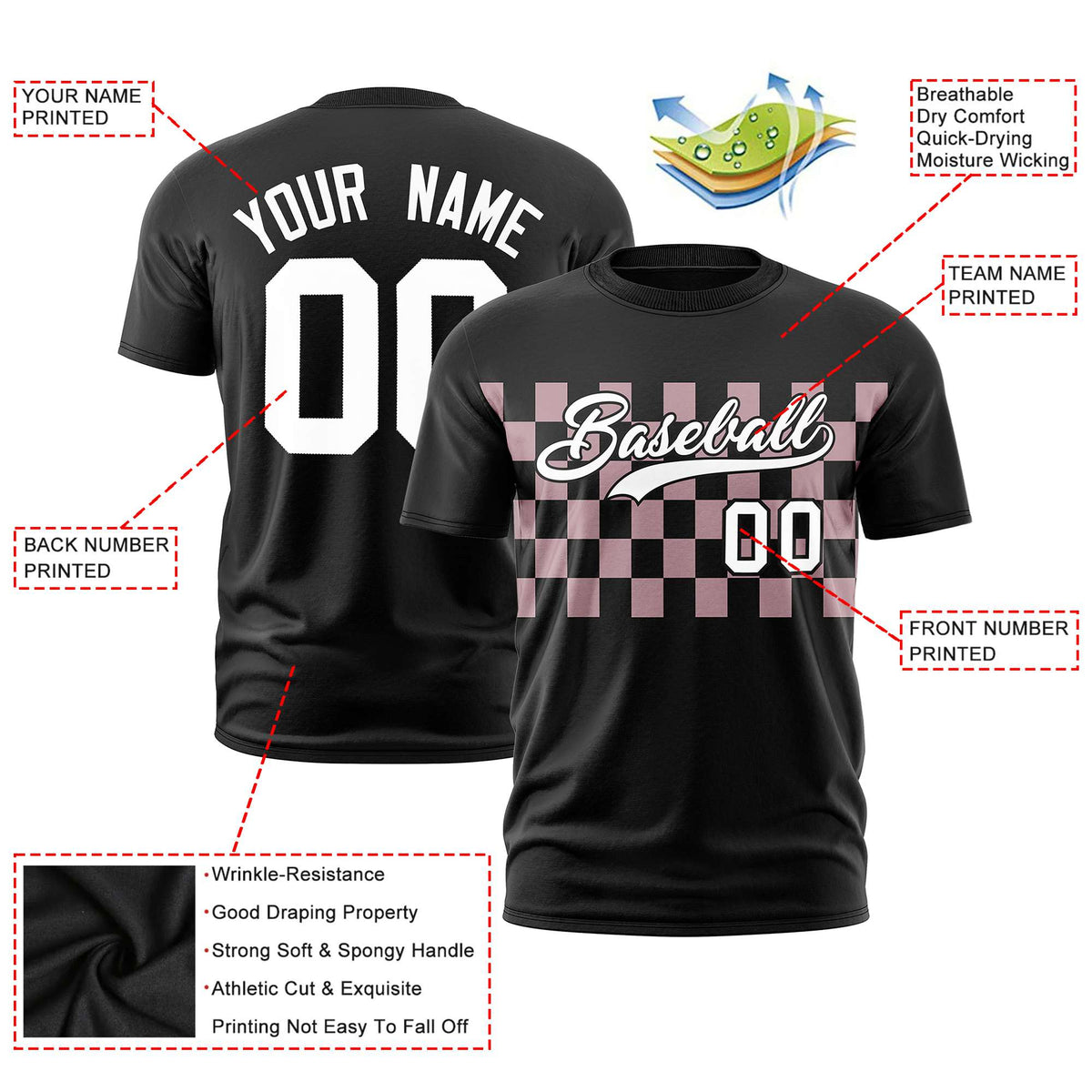 Custom Black Light Pink Crew neck Plaid Pattern Personalized Performance T-Shirt