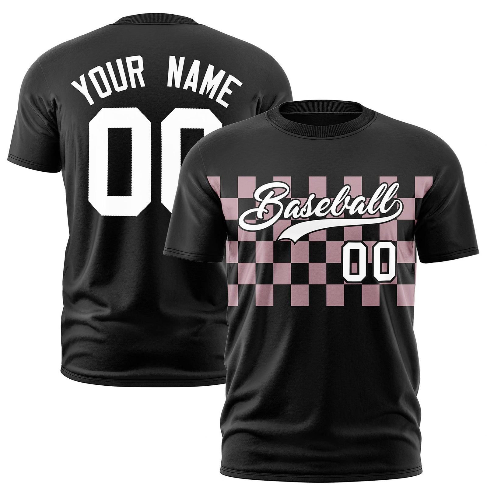 Custom Black Light Pink Crew neck Plaid Pattern Personalized Performance T-Shirt