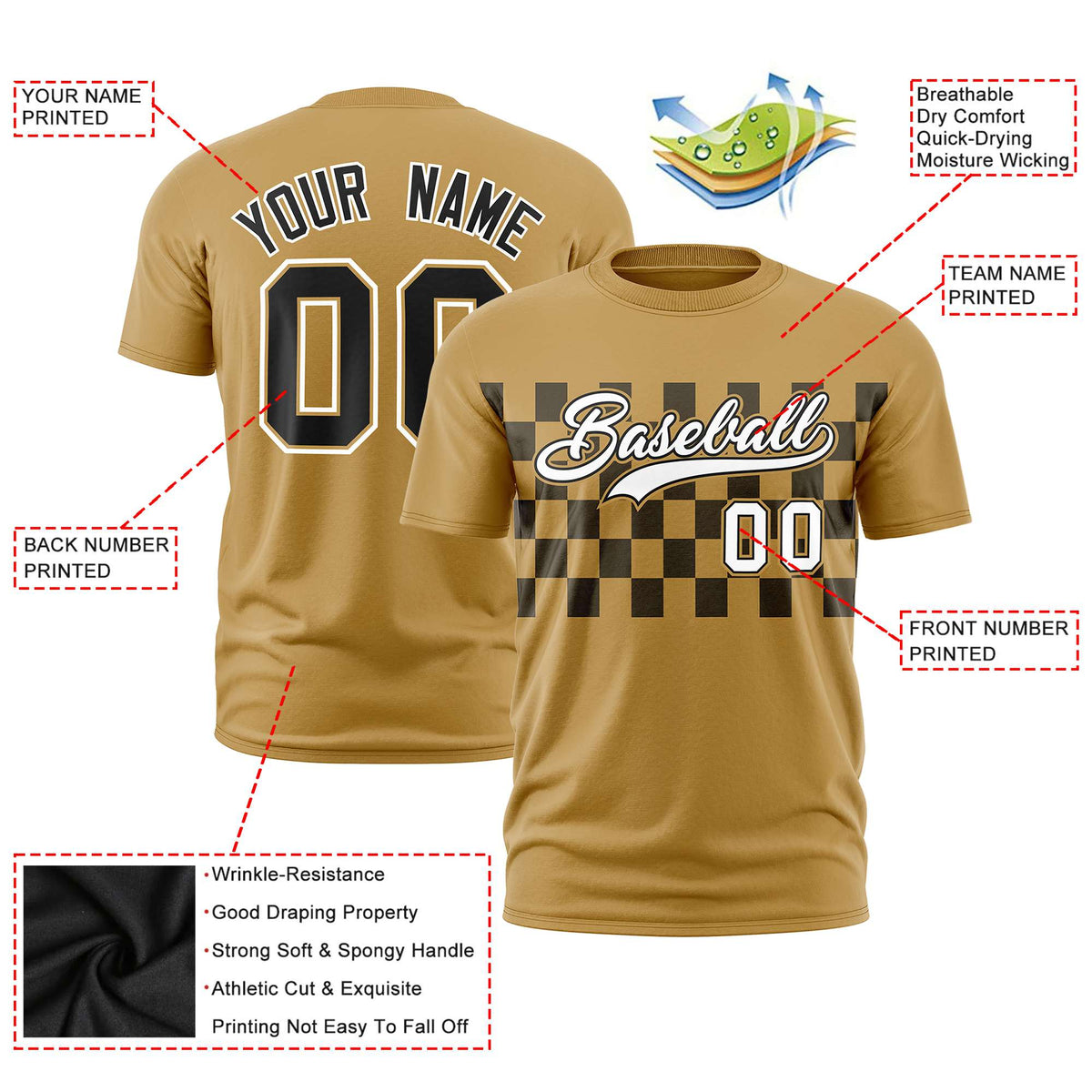 Custom Old Gold Black Crew neck Plaid Pattern Personalized Performance T-Shirt