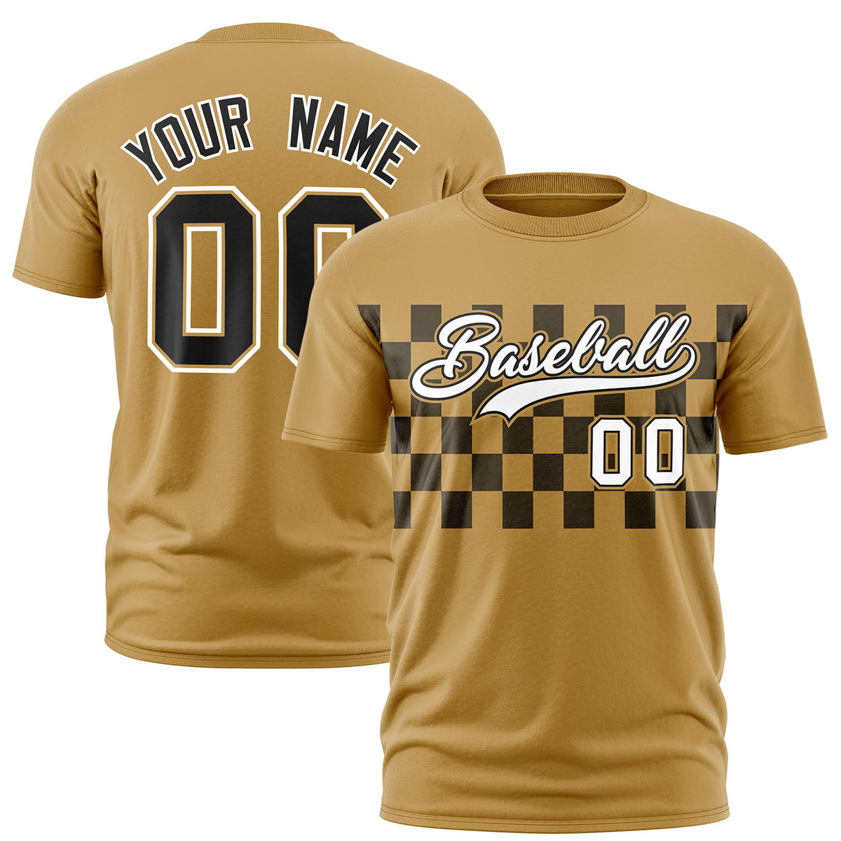 Custom Old Gold Black Crew neck Plaid Pattern Personalized Performance T-Shirt