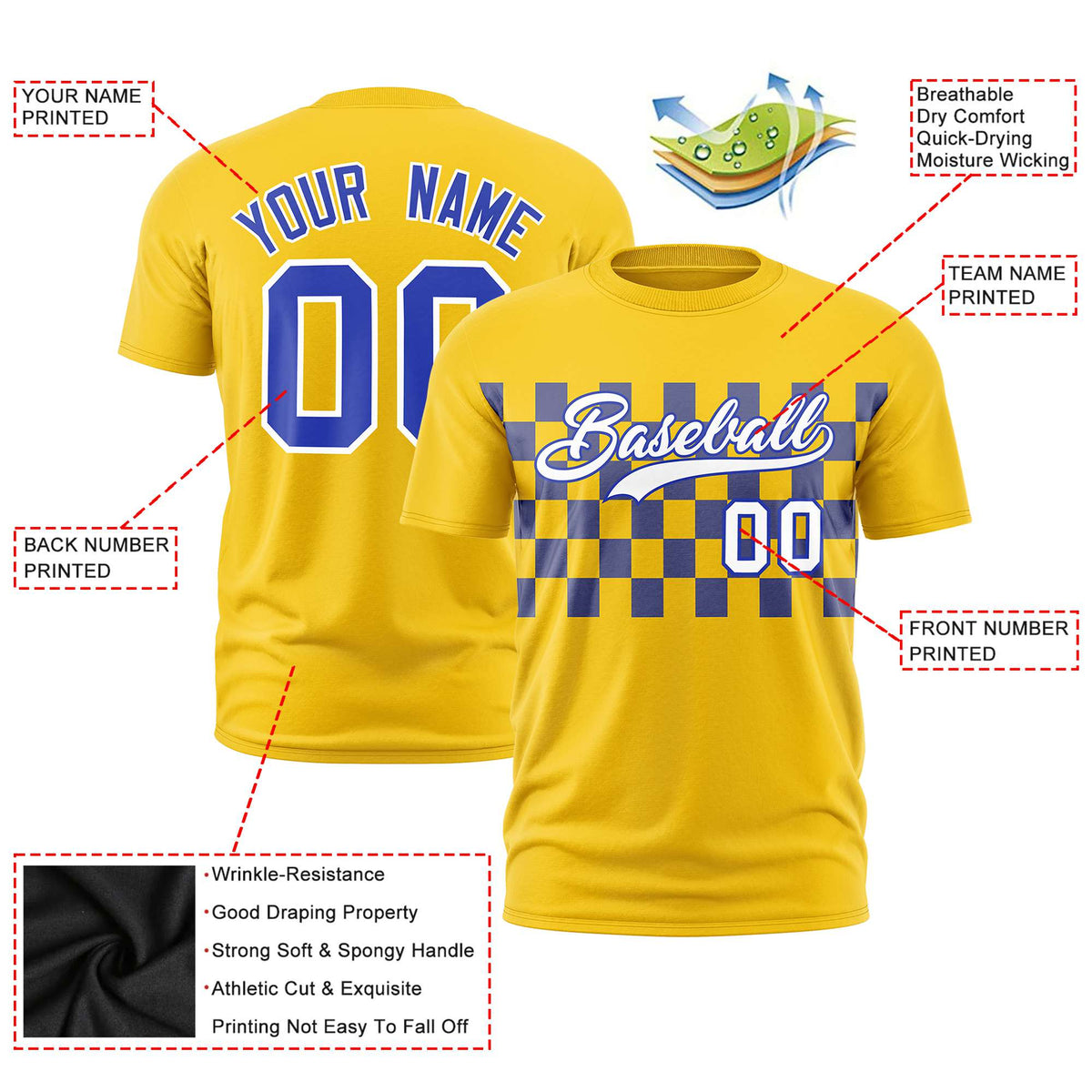 Custom Gold-01 Royal Blue Crew neck Plaid Pattern Personalized Performance T-Shirt