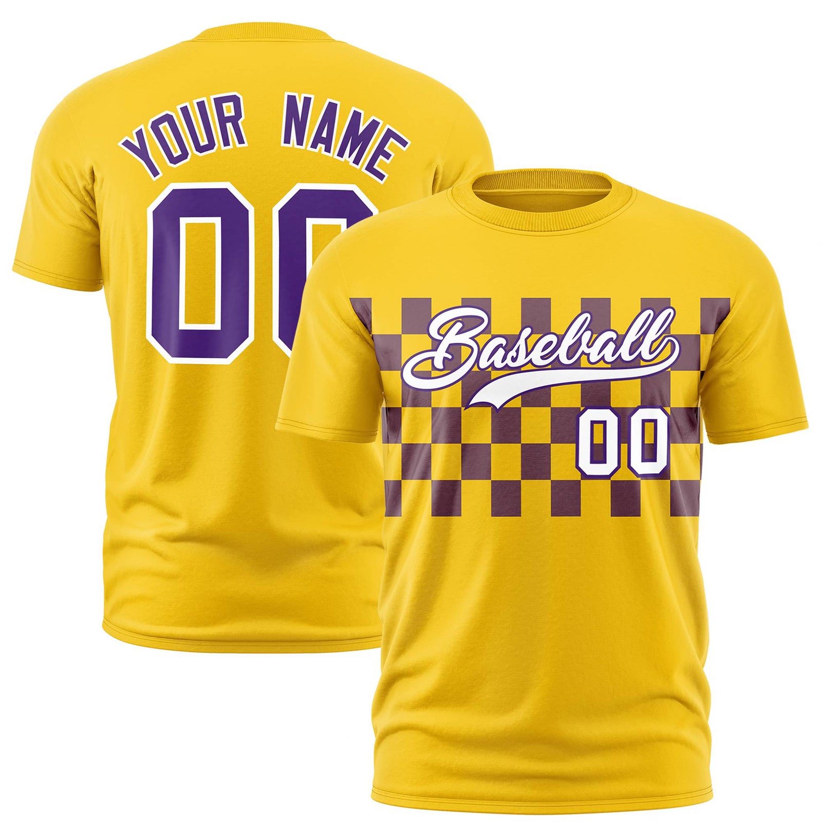 Custom Gold-01 Purple Crew neck Plaid Pattern Personalized Performance T-Shirt