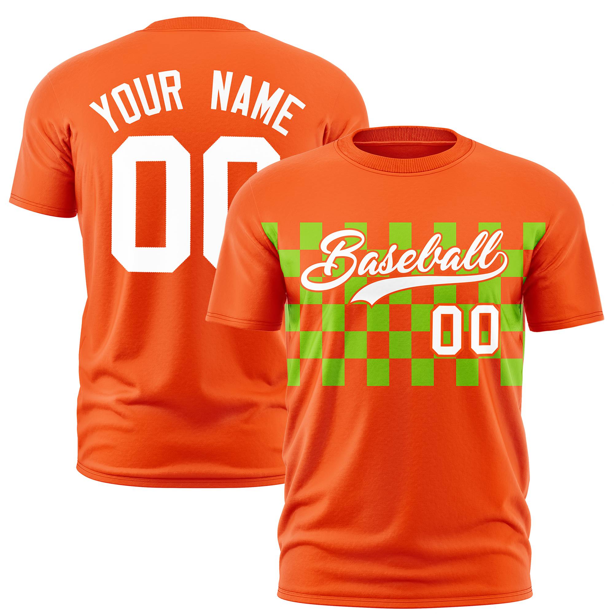 Custom Orange Neon Green Crew neck Plaid Pattern Personalized Performance T-Shirt