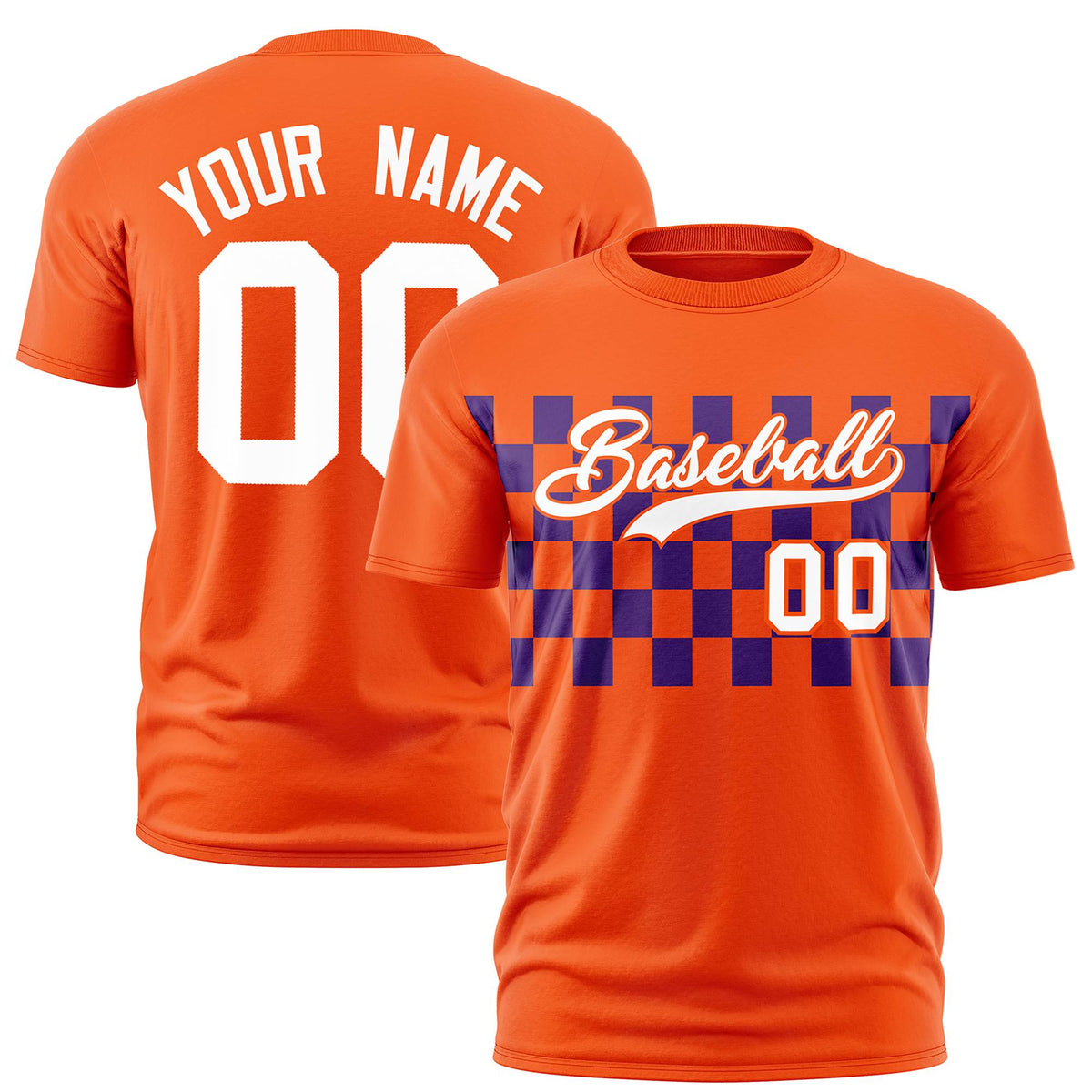 Custom Orange Purple Crew neck Plaid Pattern Personalized Performance T-Shirt