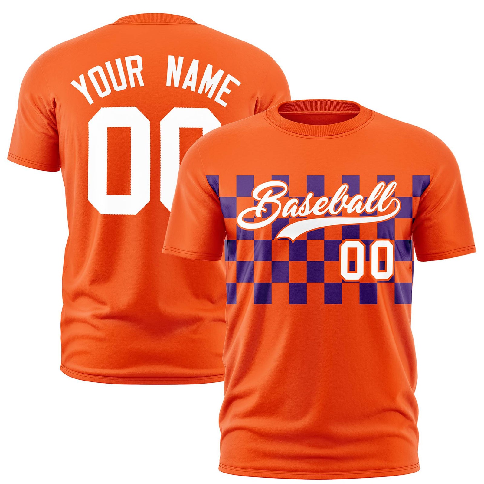 Custom Orange Purple Crew neck Plaid Pattern Personalized Performance T-Shirt