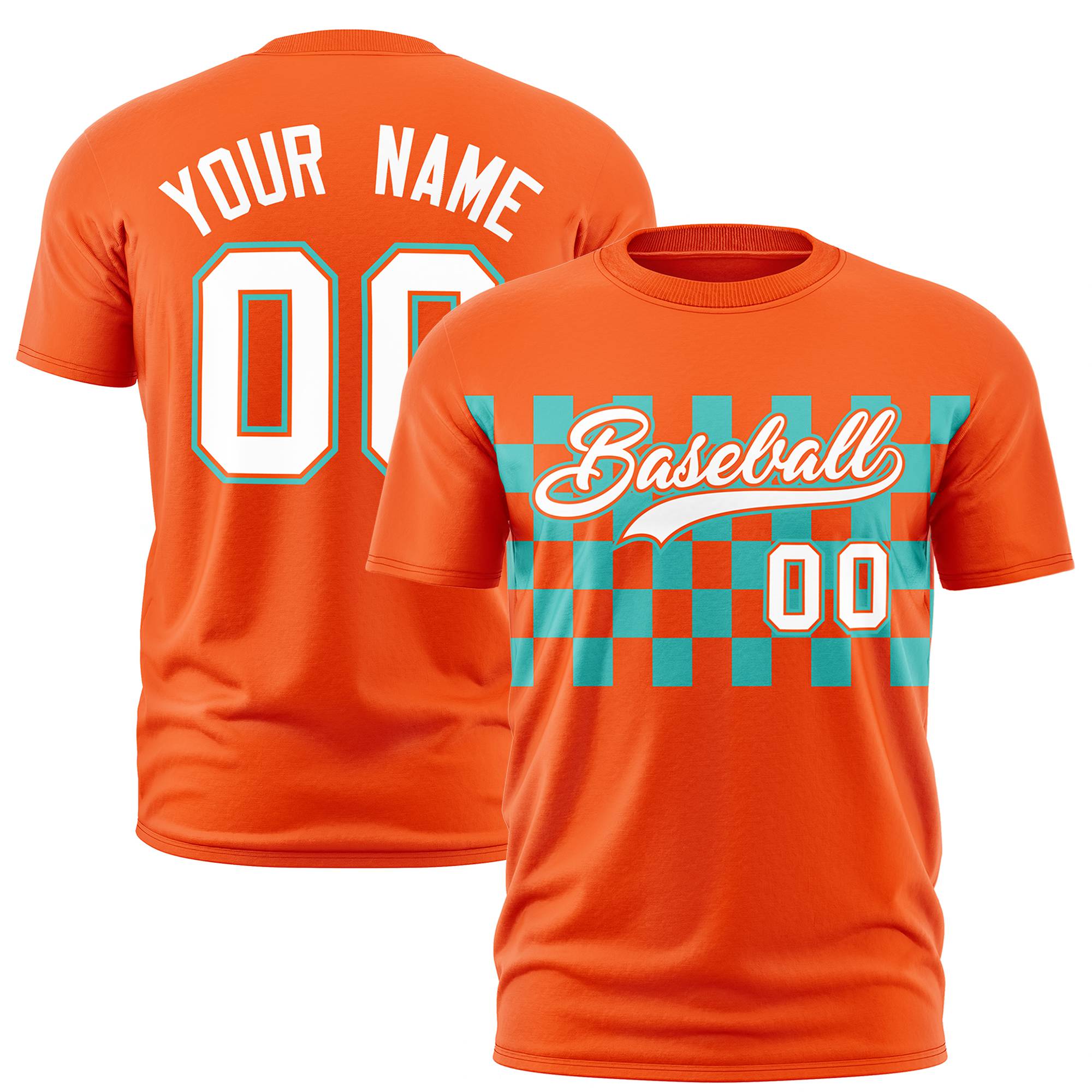 Custom Orange Aqua Crew neck Plaid Pattern Personalized Performance T-Shirt