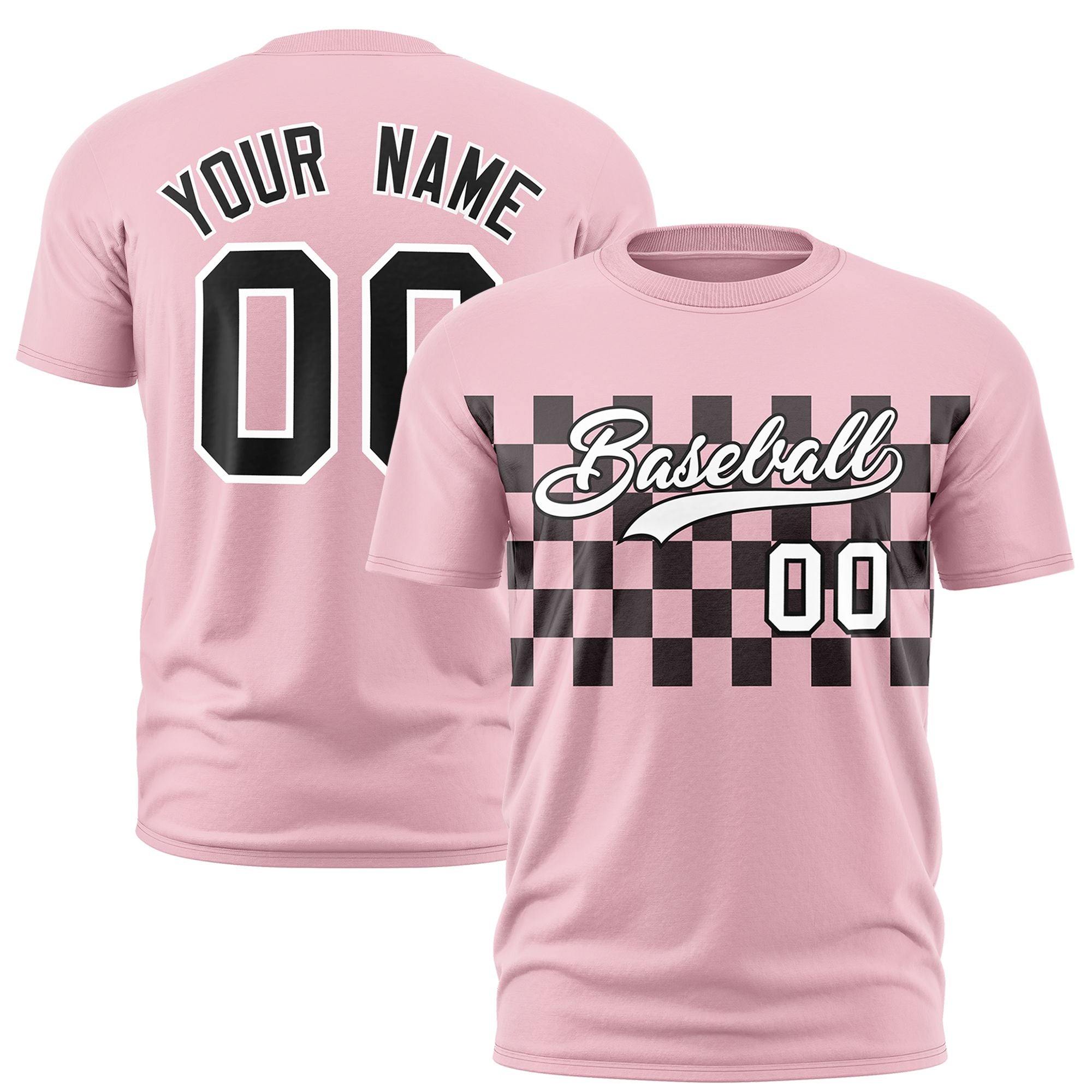 Custom Light Pink Black Crew neck Plaid Pattern Personalized Performance T-Shirt