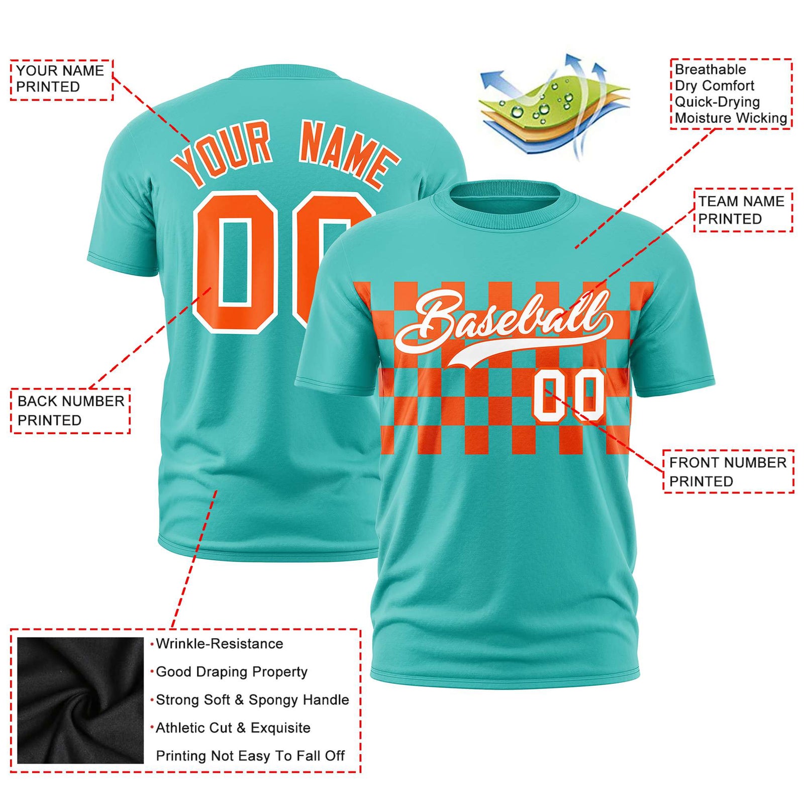 Custom Teal Orange Crew neck Plaid Pattern Personalized Performance T-Shirt