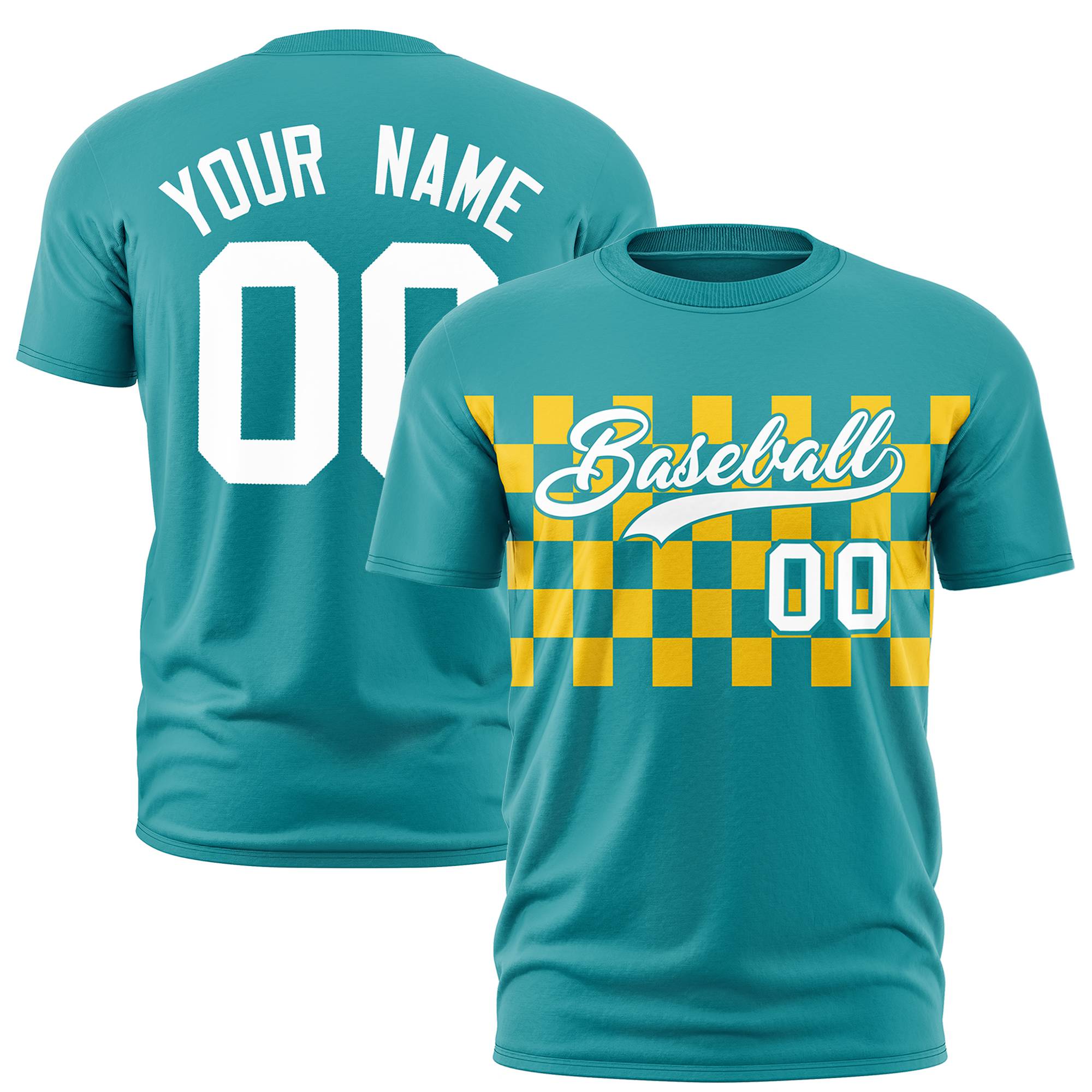 Custom Aqua Yellow Crew neck Plaid Pattern Personalized Performance T-Shirt