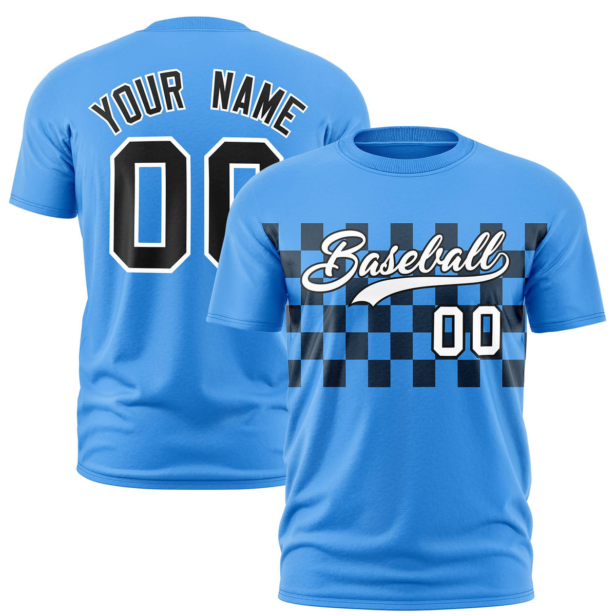 Custom Powder Blue Black Crew neck Plaid Pattern Personalized Performance T-Shirt