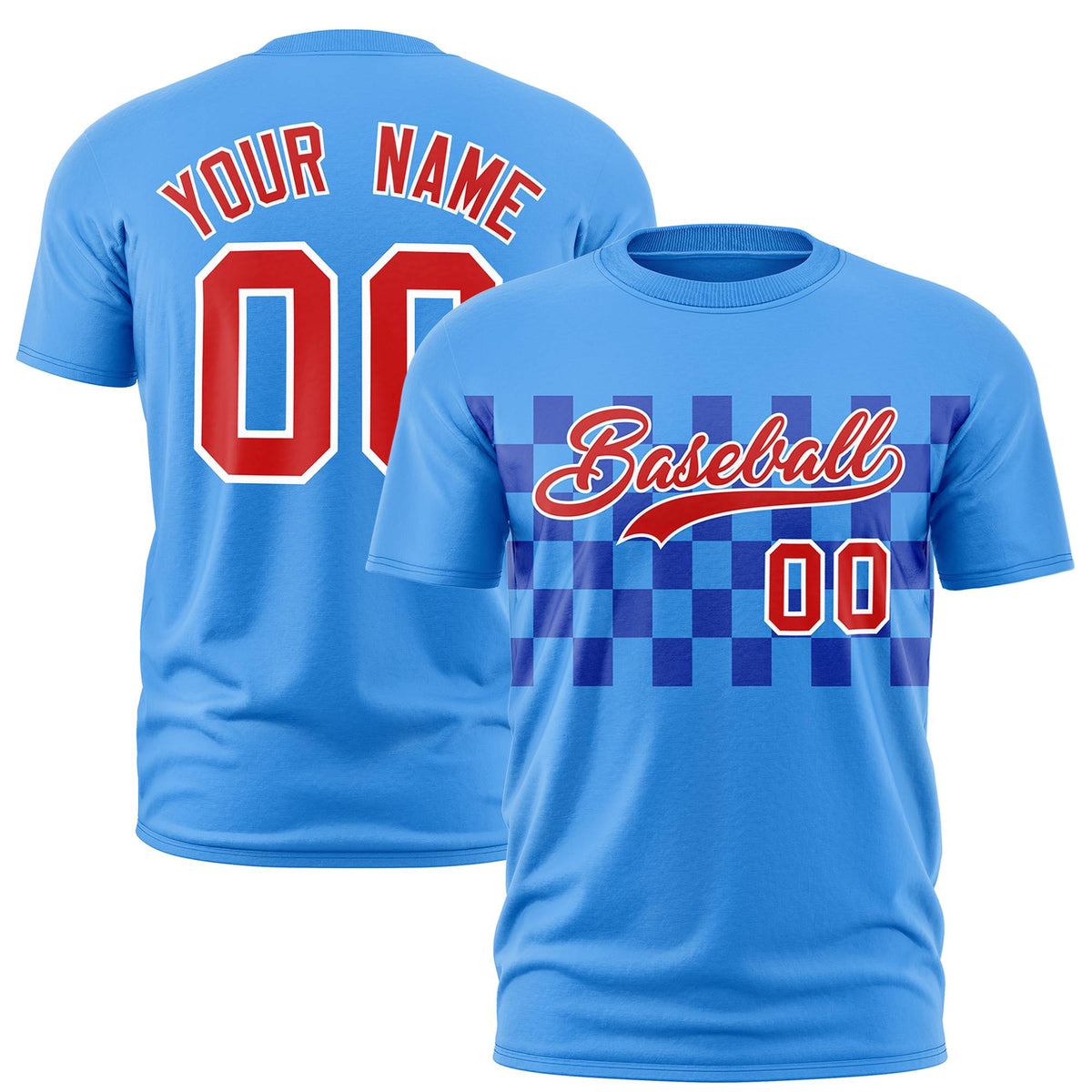 Custom Powder Blue Red Crew neck Plaid Pattern Personalized Performance T-Shirt