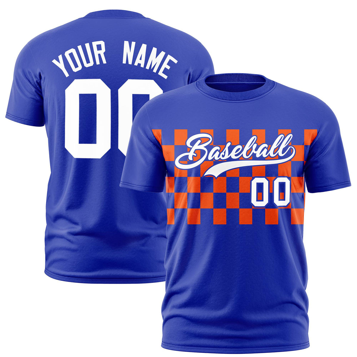 Custom Royal Blue Orange Crew neck Plaid Pattern Personalized Performance T-Shirt