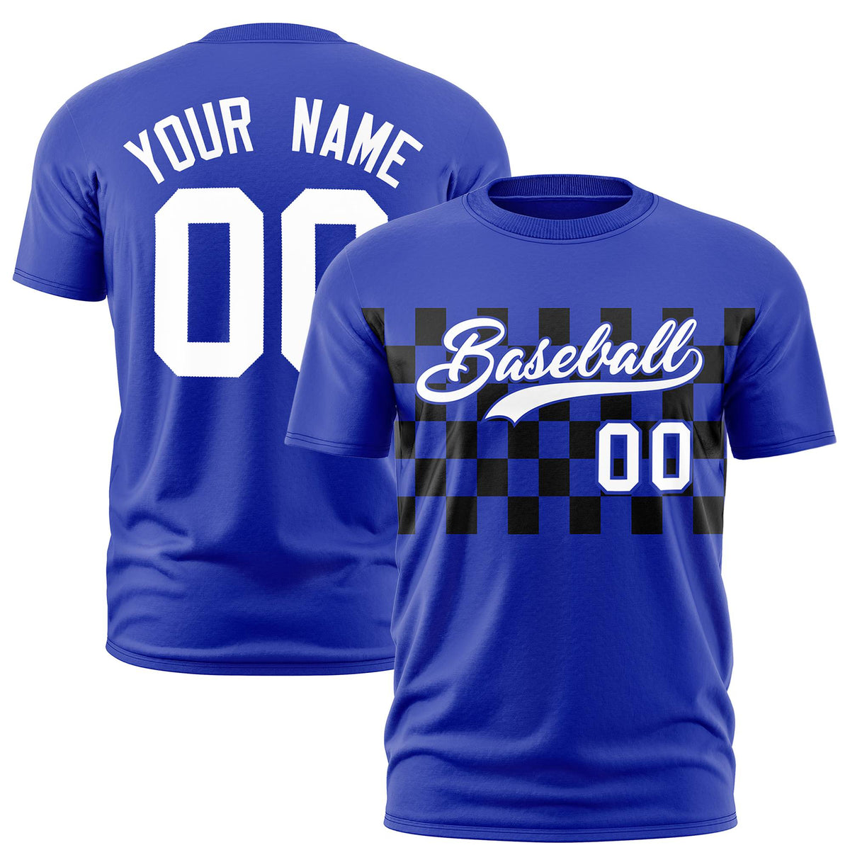 Custom Royal Blue Black Crew neck Plaid Pattern Personalized Performance T-Shirt