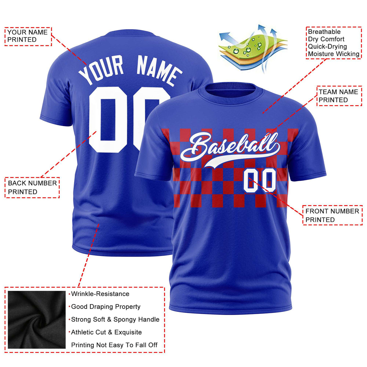 Custom Royal Blue Red Crew neck Plaid Pattern Personalized Performance T-Shirt