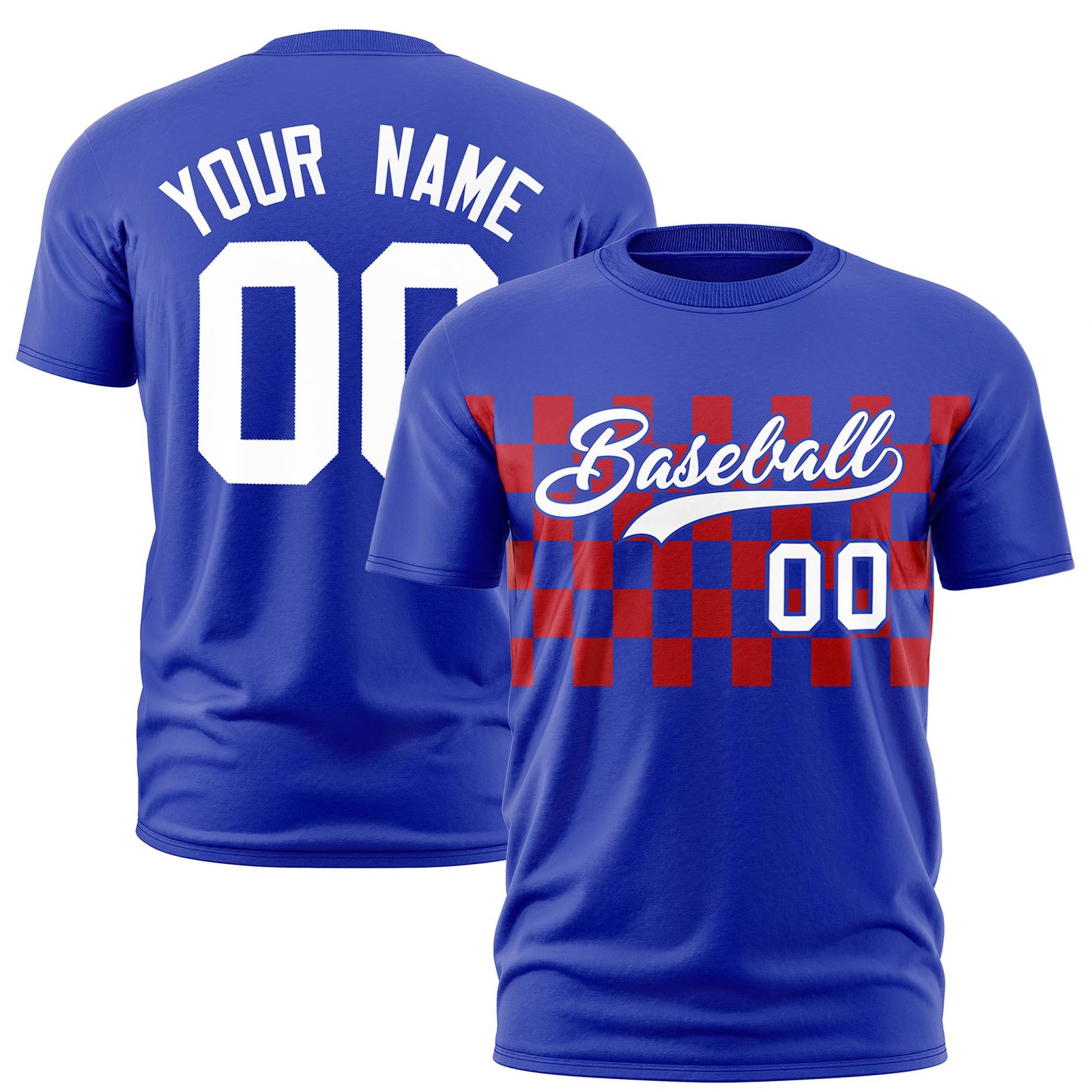 Custom Royal Blue Red Crew neck Plaid Pattern Personalized Performance T-Shirt