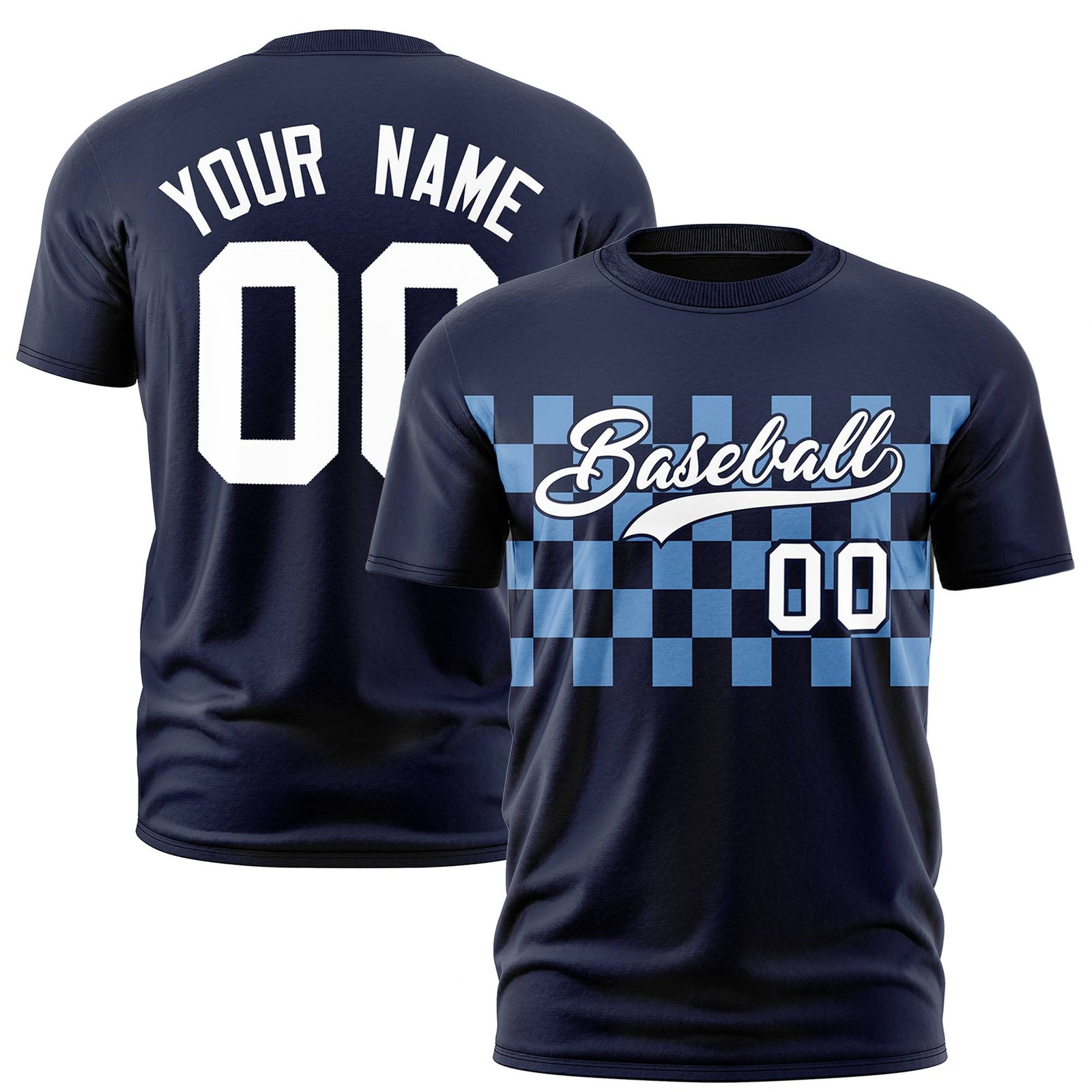Custom Navy Powder Blue Crew neck Plaid Pattern Personalized Performance T-Shirt