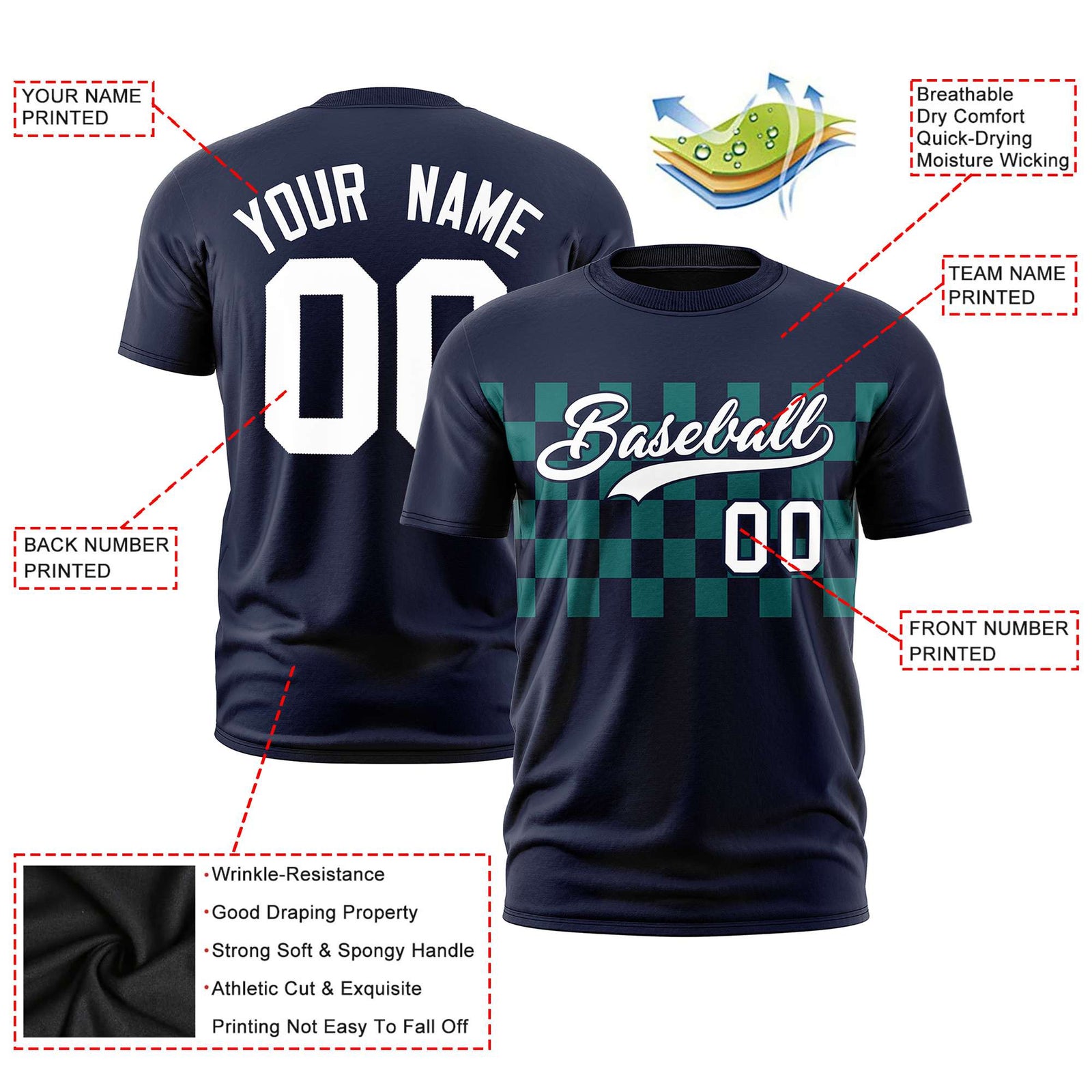 Custom Navy Teal Crew neck Plaid Pattern Personalized Performance T-Shirt