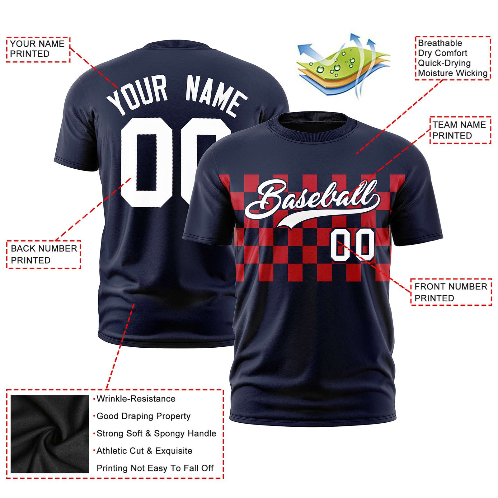 Custom Navy Red Crew neck Plaid Pattern Personalized Performance T-Shirt
