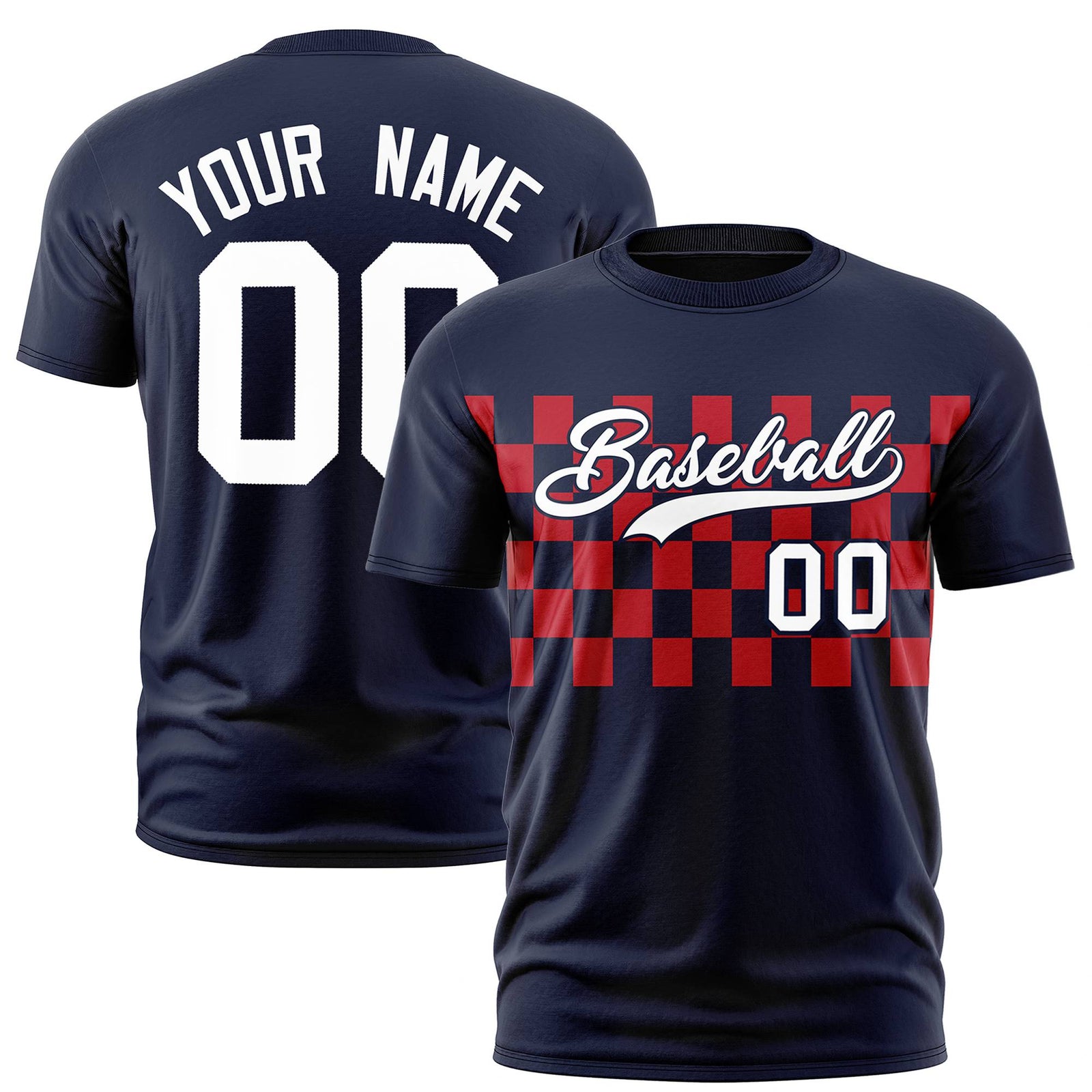 Custom Navy Red Crew neck Plaid Pattern Personalized Performance T-Shirt
