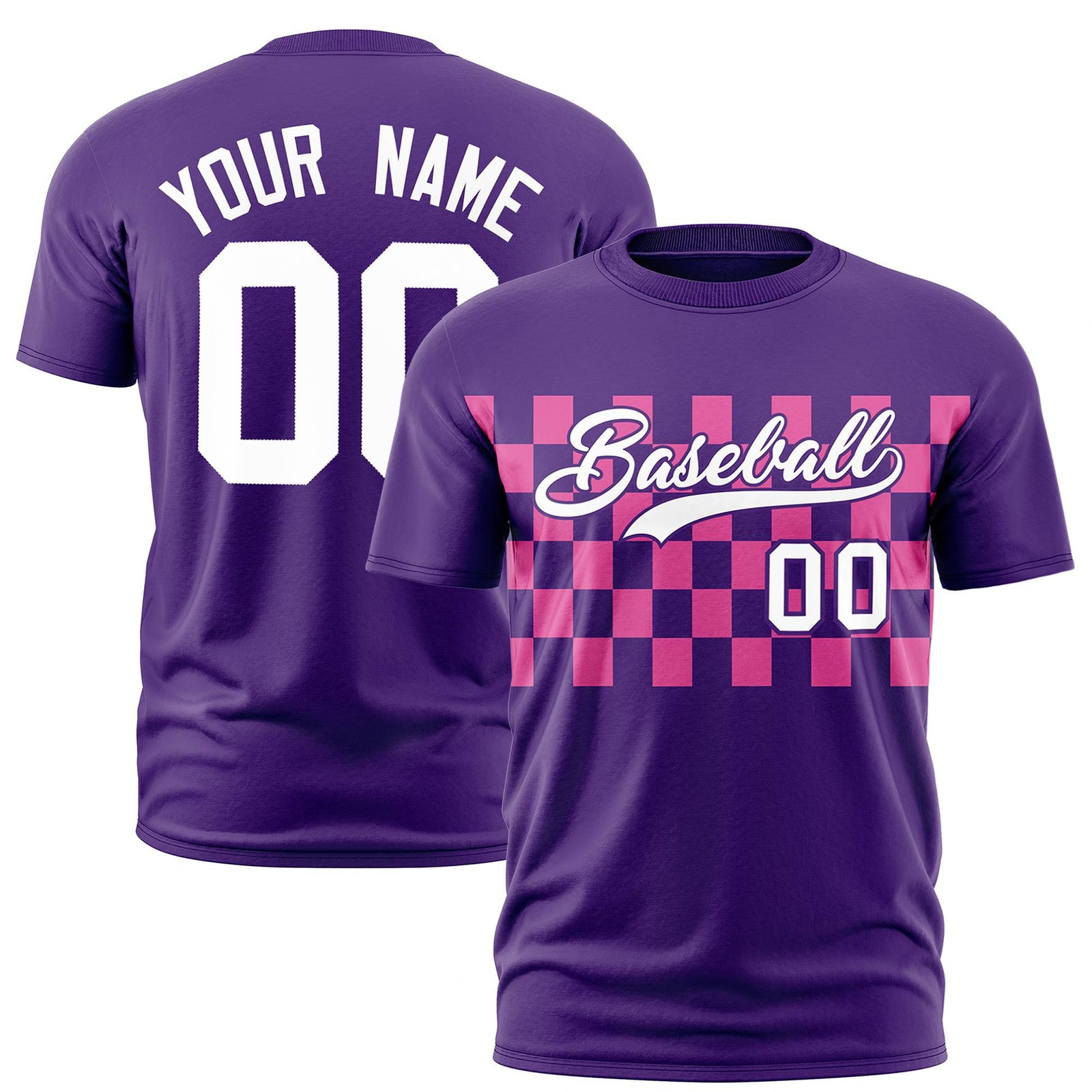 Custom Purple Pink Crew neck Plaid Pattern Personalized Performance T-Shirt