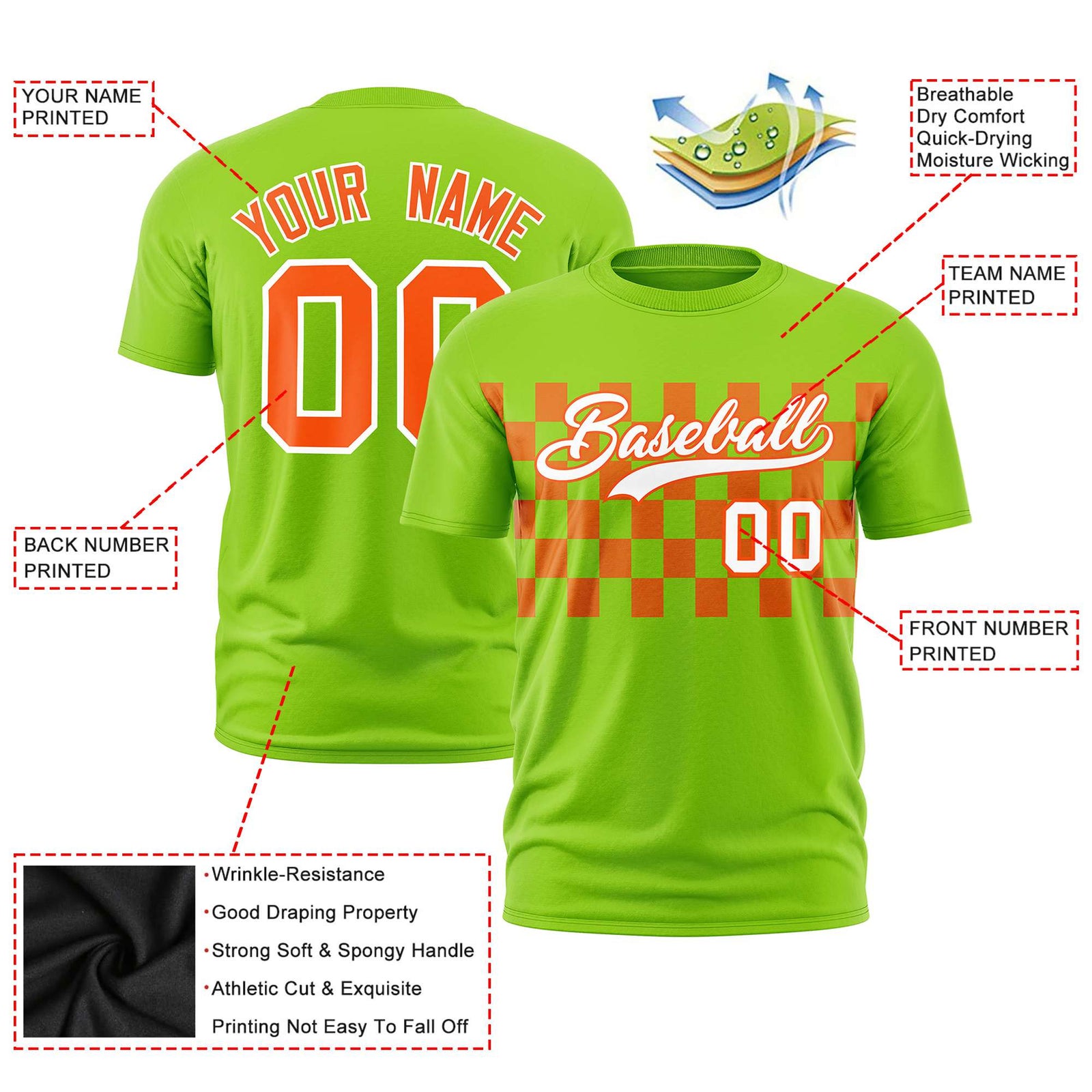 Custom Neon Green Orange Crew neck Plaid Pattern Personalized Performance T-Shirt