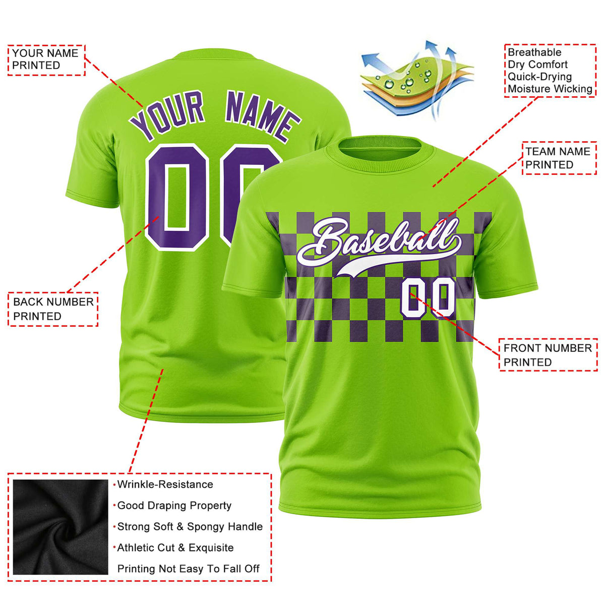 Custom Neon Green Purple Crew neck Plaid Pattern Personalized Performance T-Shirt