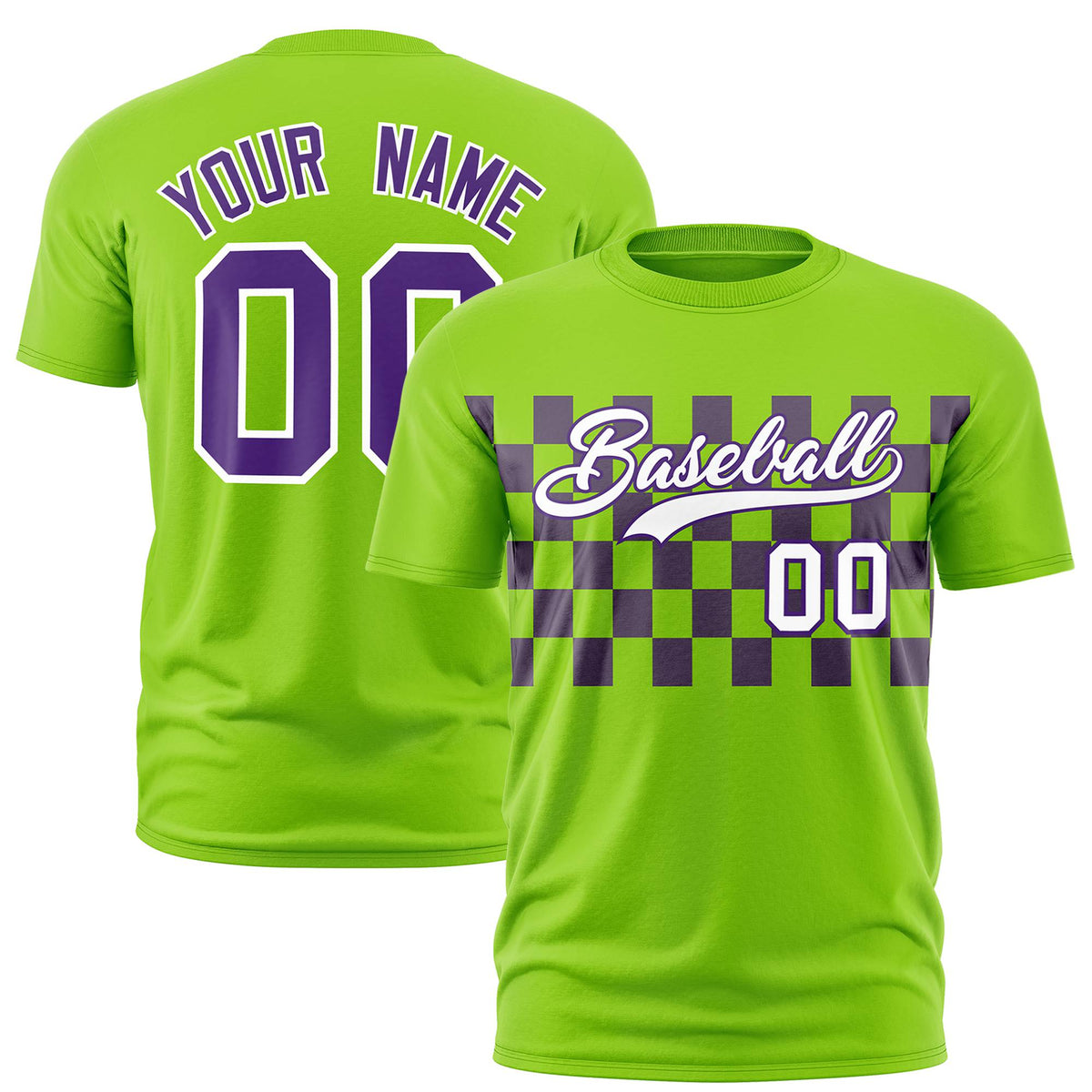 Custom Neon Green Purple Crew neck Plaid Pattern Personalized Performance T-Shirt