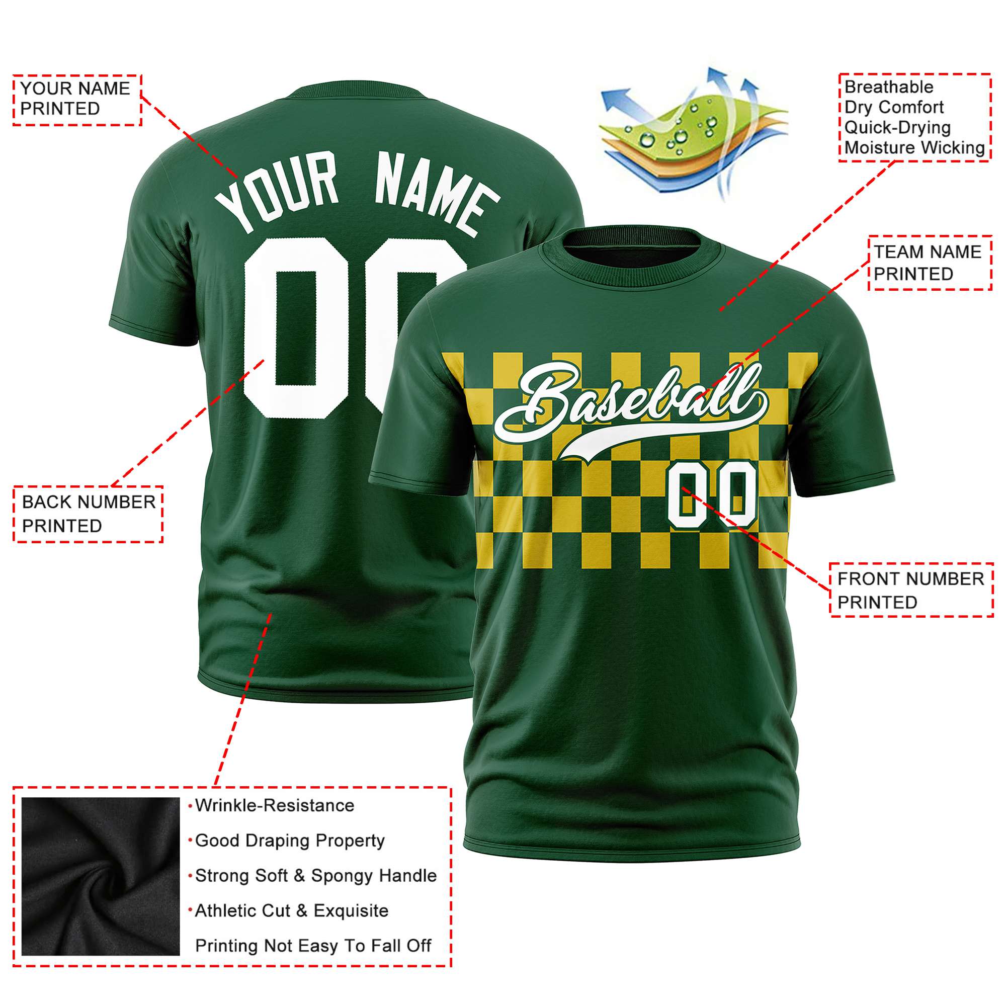 Custom Green Gold-01 Crew neck Plaid Pattern Personalized Performance T-Shirt