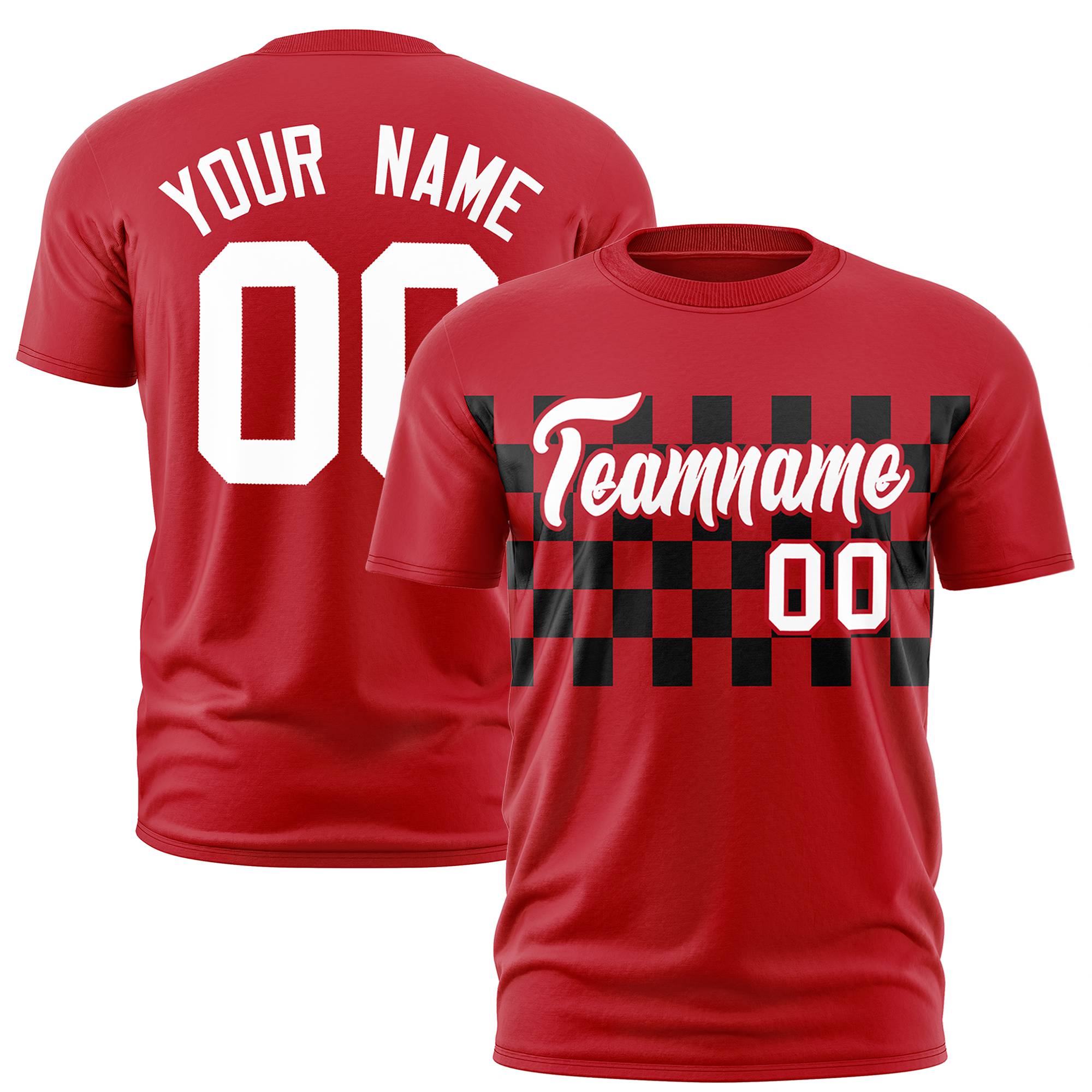 Custom Red Black Crew neck Plaid Pattern Personalized Performance T-Shirt