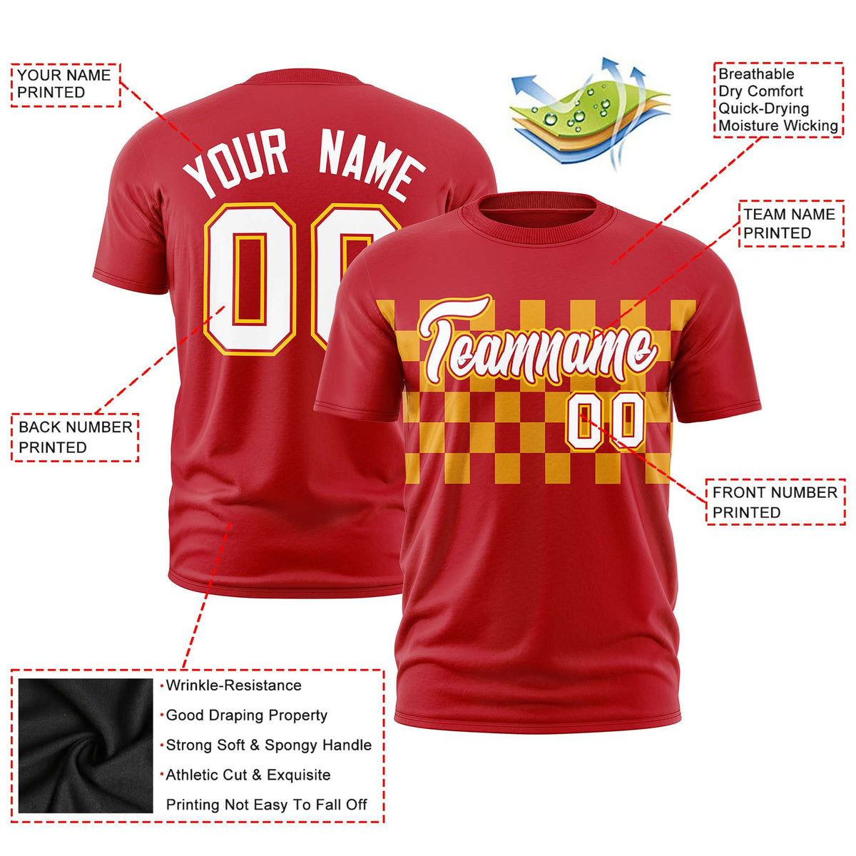 Custom Red Yellow Crew neck Plaid Pattern Personalized Performance T-Shirt