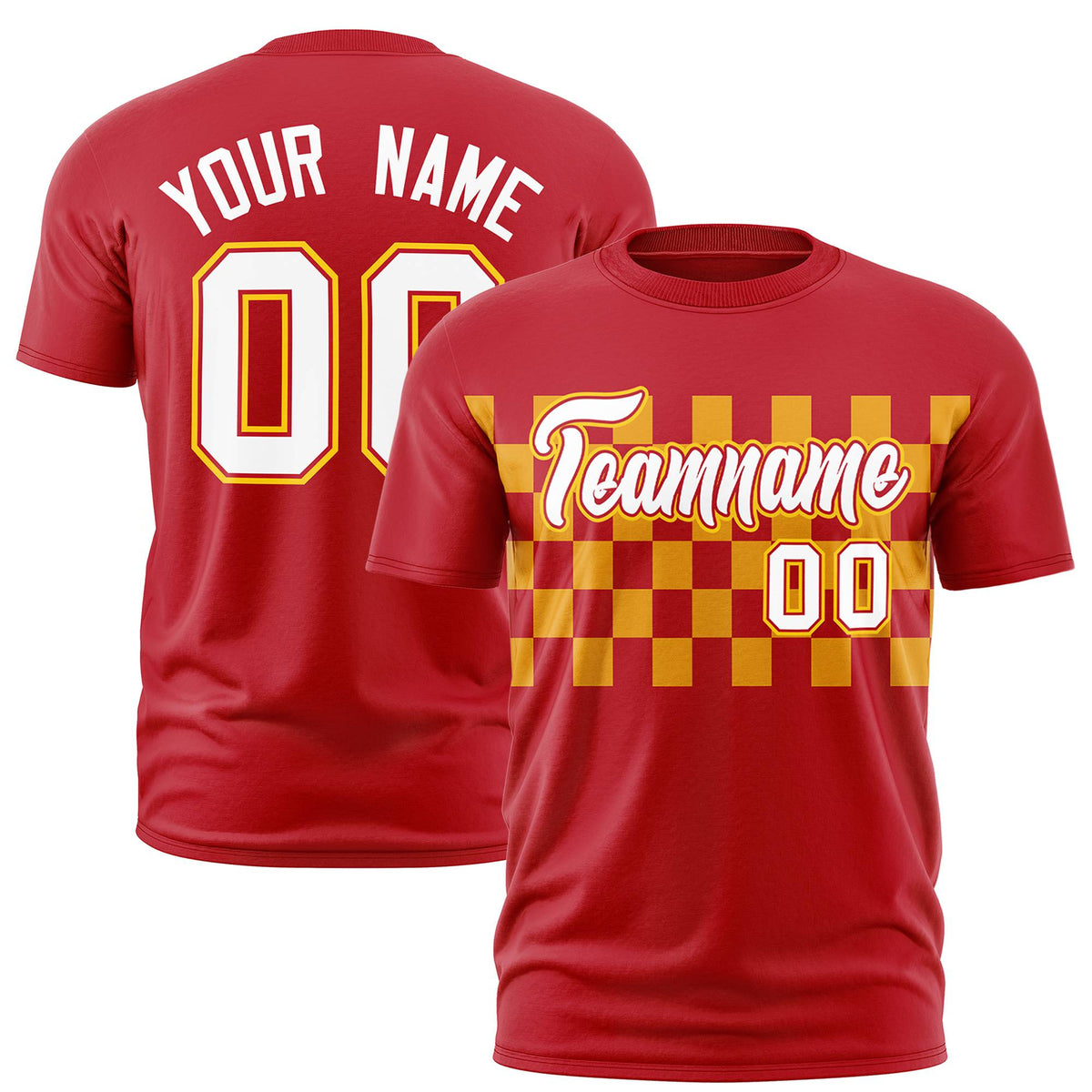 Custom Red Yellow Crew neck Plaid Pattern Personalized Performance T-Shirt