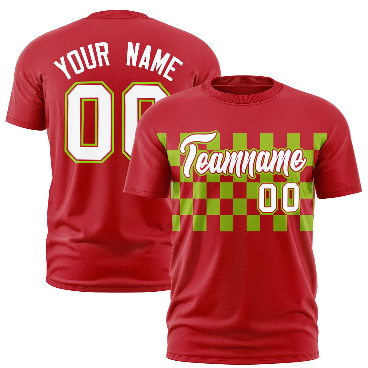 Custom Red Neon Green Crew neck Plaid Pattern Personalized Performance T-Shirt