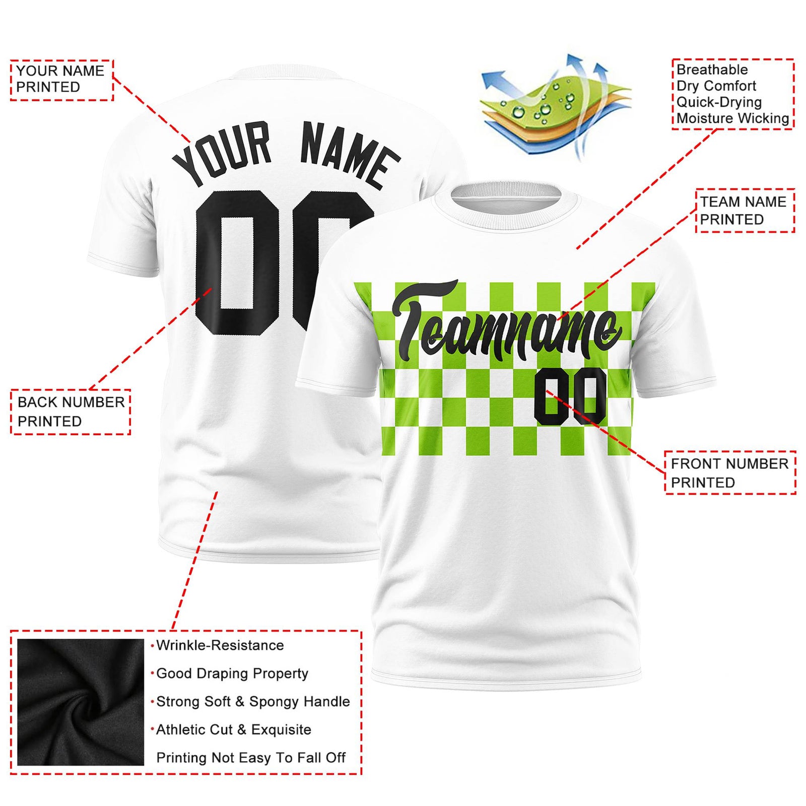 Custom White Neon Green Crew neck Plaid Pattern Personalized Performance T-Shirt