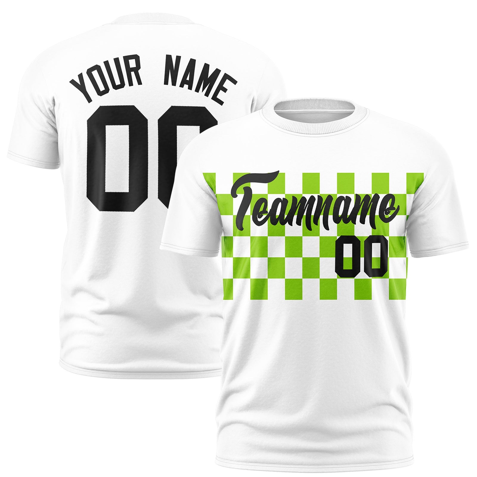 Custom White Neon Green Crew neck Plaid Pattern Personalized Performance T-Shirt