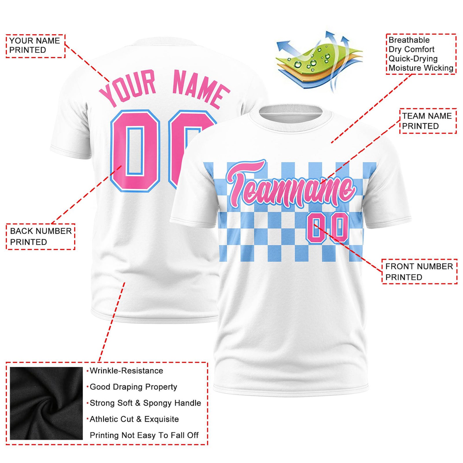 Custom White Powder Blue Crew neck Plaid Pattern Personalized Performance T-Shirt