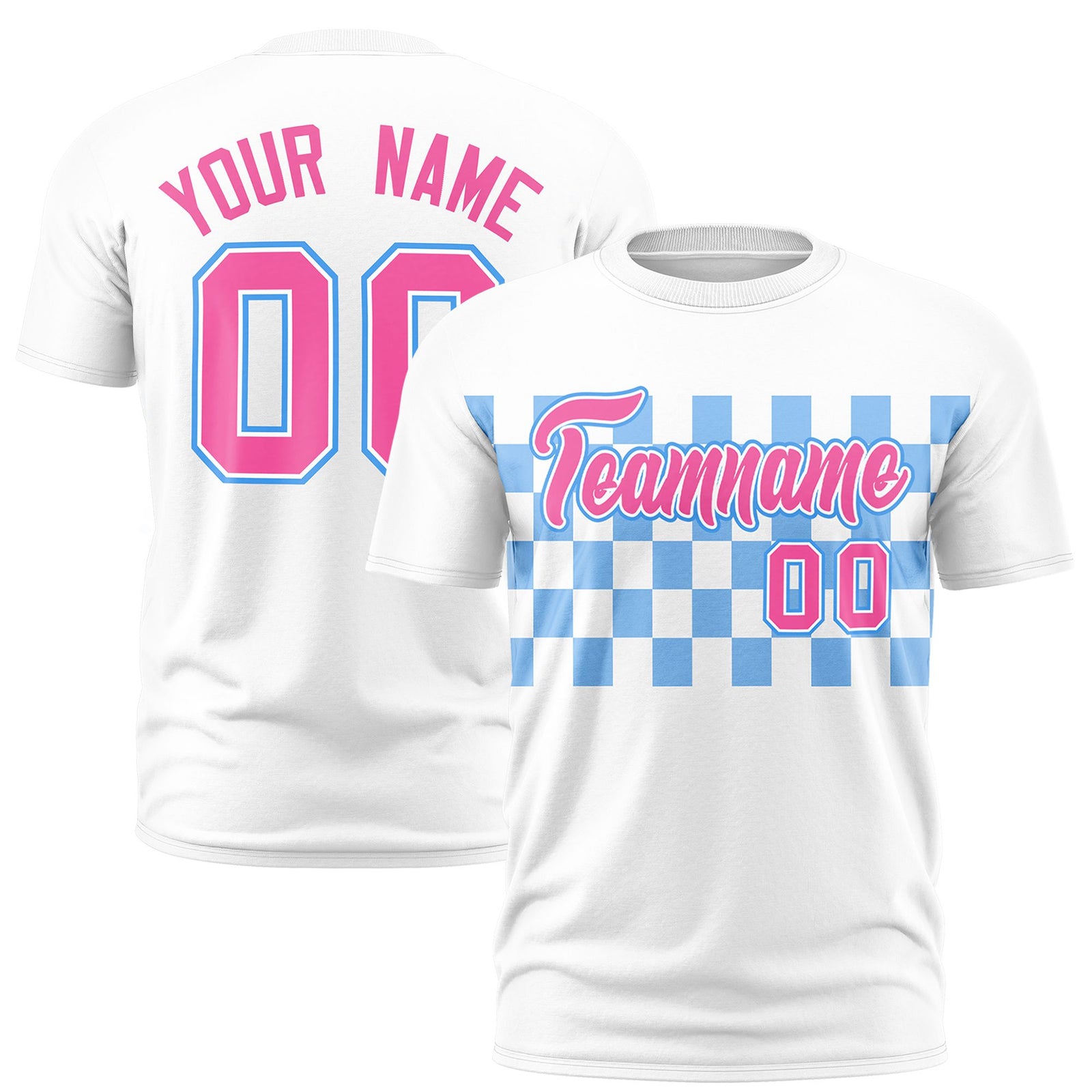 Custom White Powder Blue Crew neck Plaid Pattern Personalized Performance T-Shirt