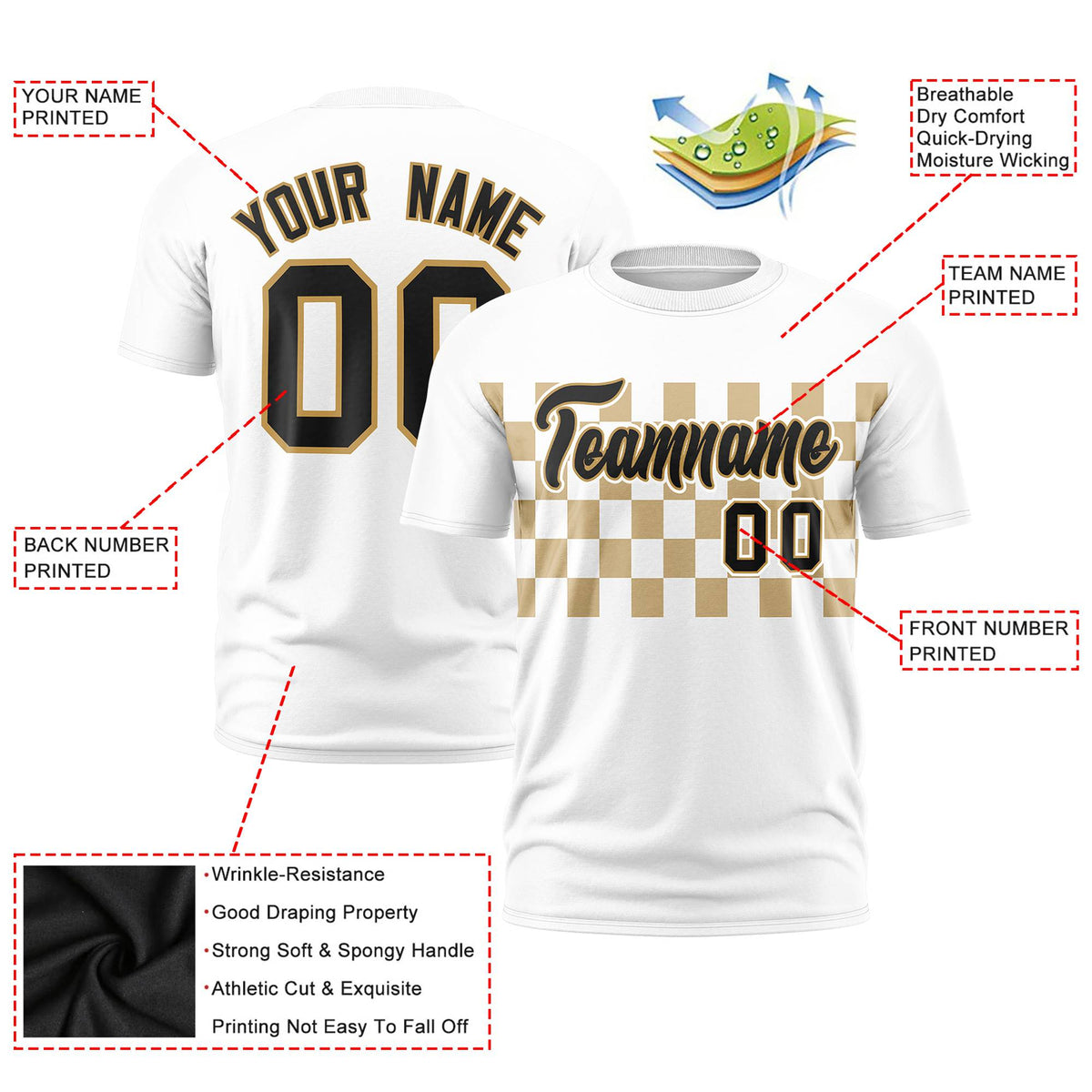 Custom White Old Gold Crew neck Plaid Pattern Personalized Performance T-Shirt