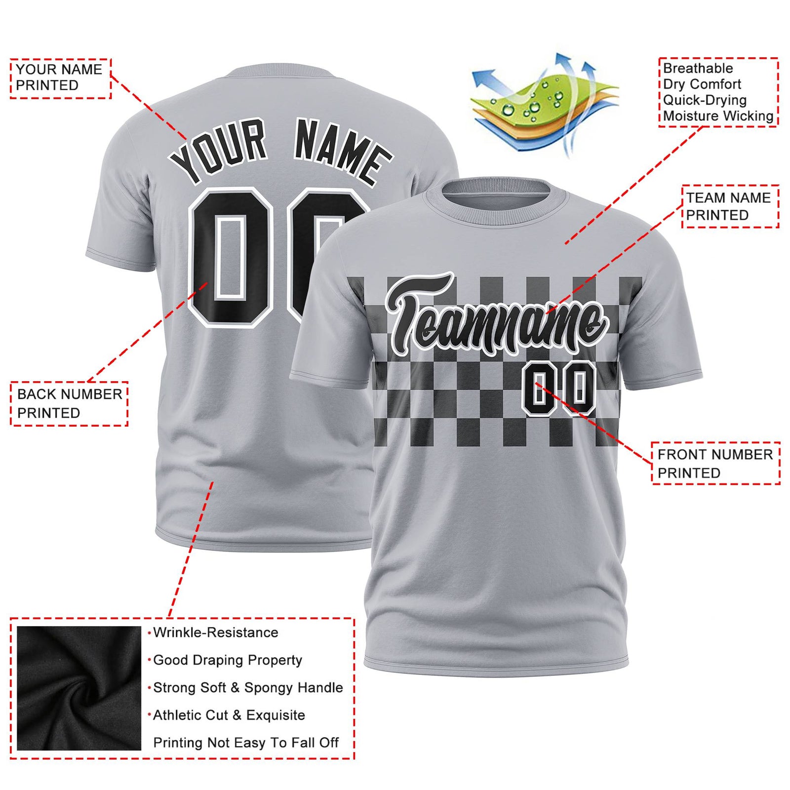 Custom Gray Black Crew neck Plaid Pattern Personalized Performance T-Shirt