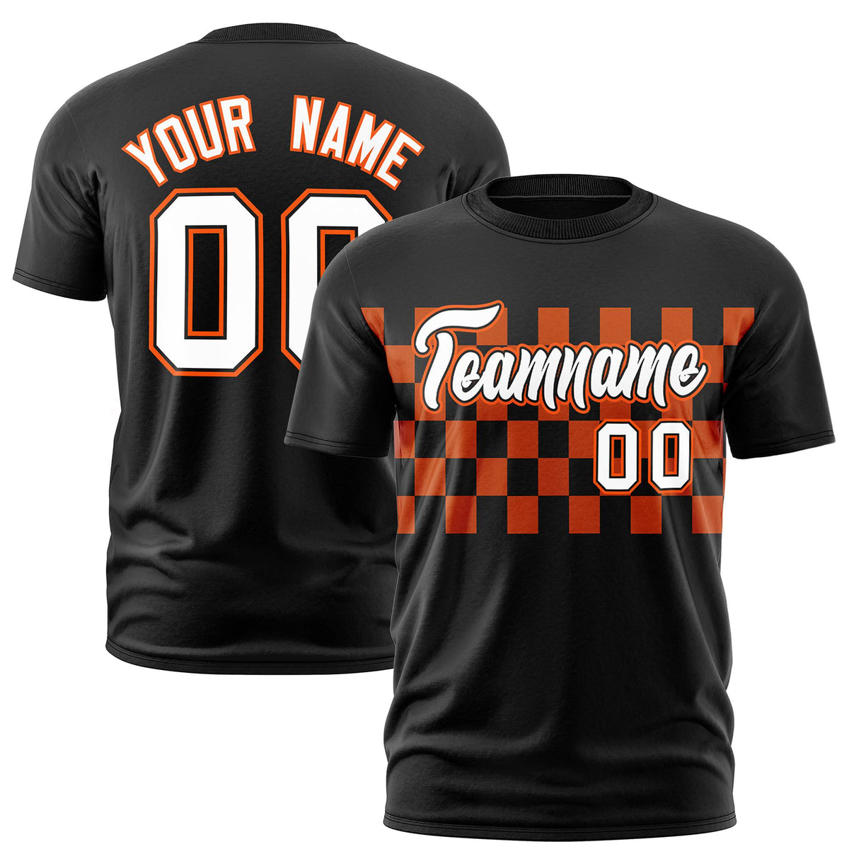 Custom Black Orange Crew neck Plaid Pattern Personalized Performance T-Shirt