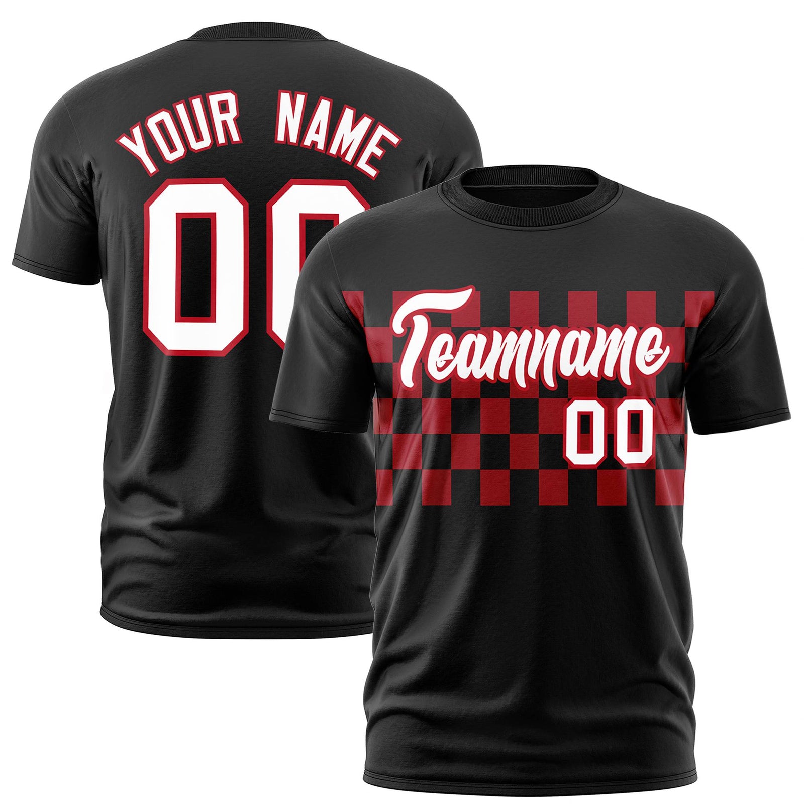 Custom Black Red Crew neck Plaid Pattern Personalized Performance T-Shirt