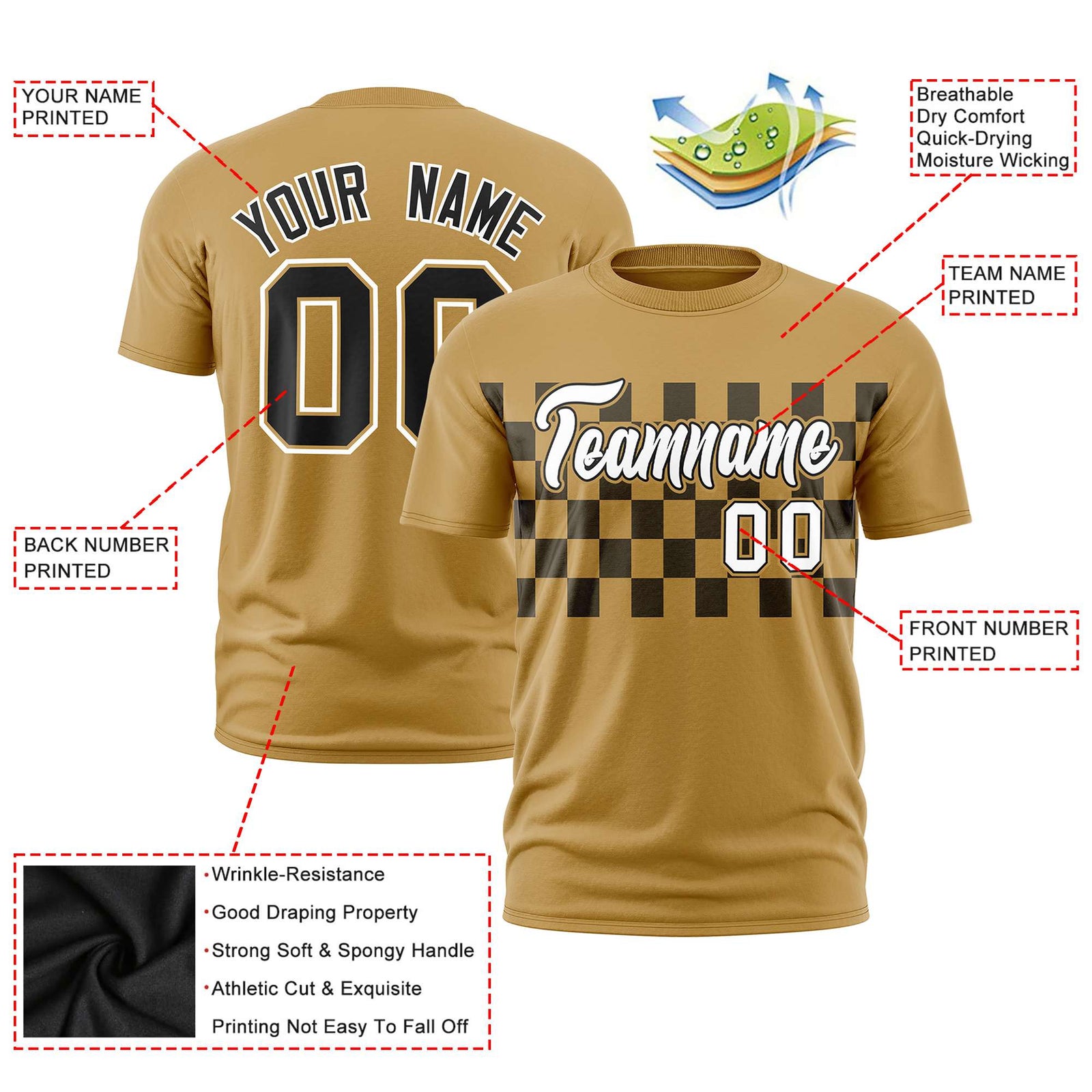 Custom Old Gold Black Crew neck Plaid Pattern Personalized Performance T-Shirt
