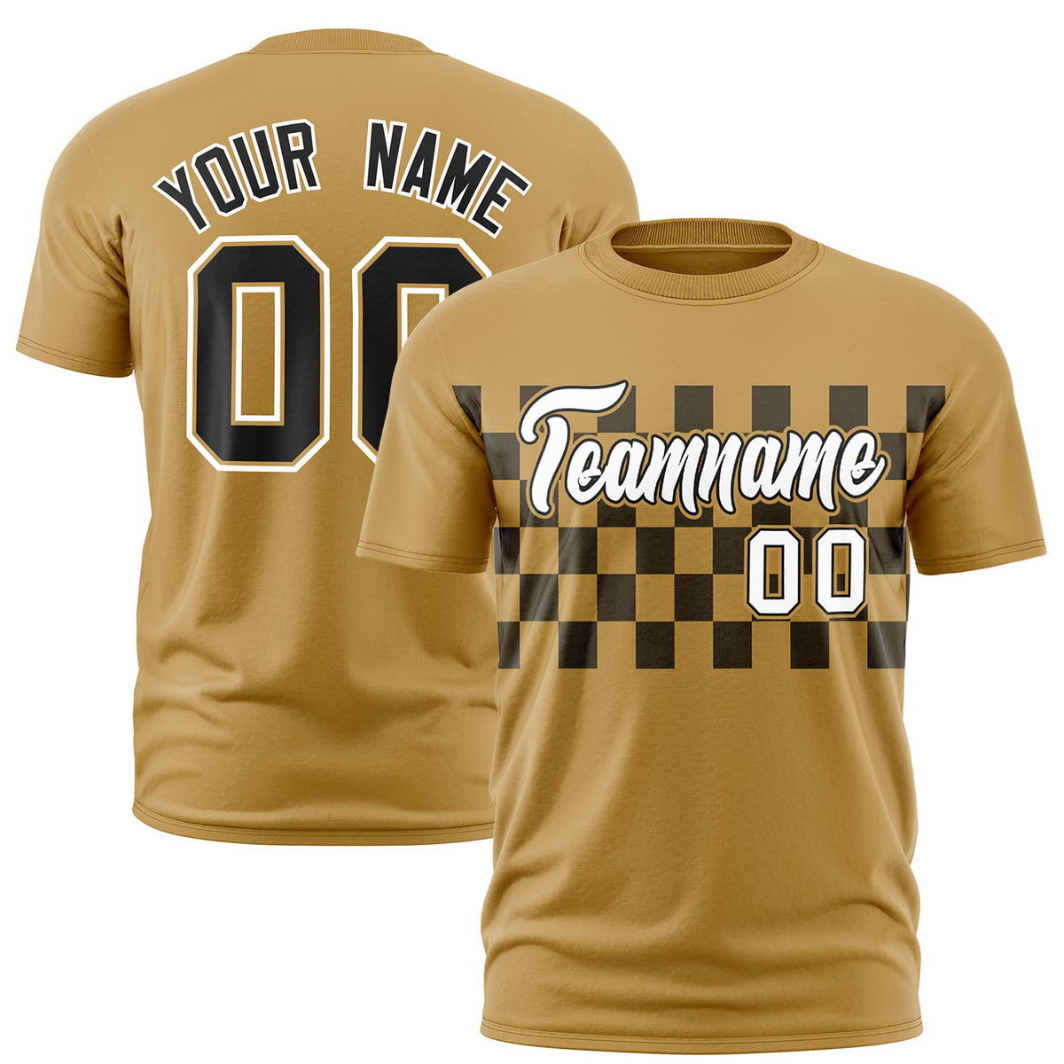 Custom Old Gold Black Crew neck Plaid Pattern Personalized Performance T-Shirt