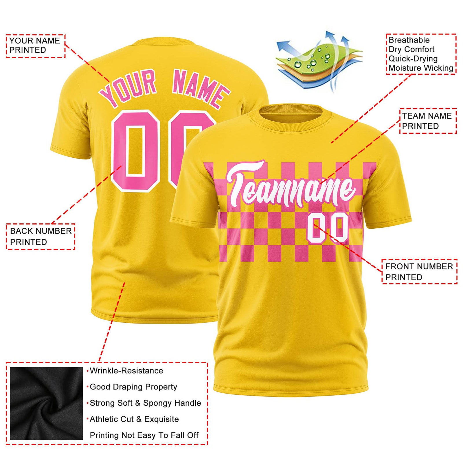 Custom Gold-01 Pink Crew neck Plaid Pattern Personalized Performance T-Shirt