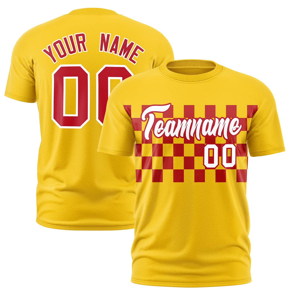 Custom Gold-01 Red Crew neck Plaid Pattern Personalized Performance T-Shirt