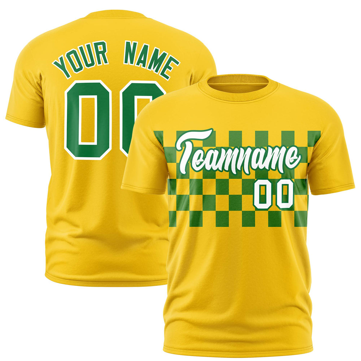 Custom Gold-01 Kelly Green Crew neck Plaid Pattern Personalized Performance T-Shirt