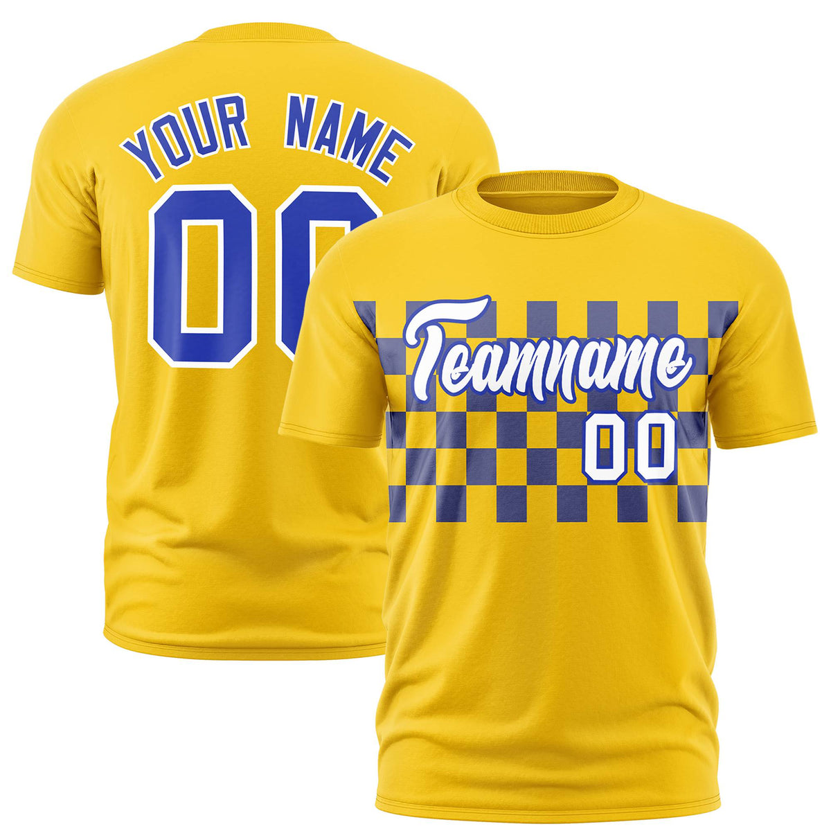 Custom Gold-01 Royal Blue Crew neck Plaid Pattern Personalized Performance T-Shirt