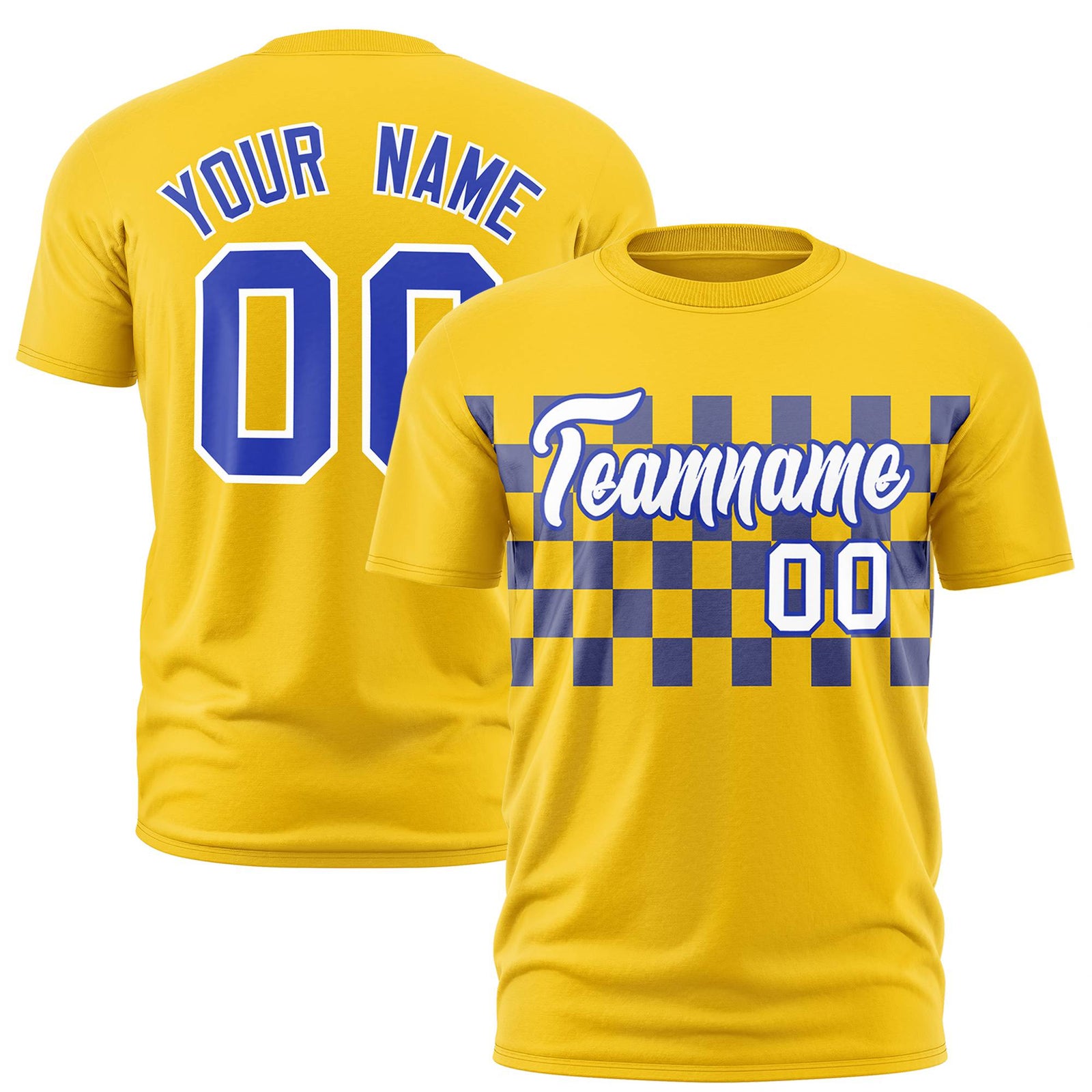 Custom Gold-01 Royal Blue Crew neck Plaid Pattern Personalized Performance T-Shirt