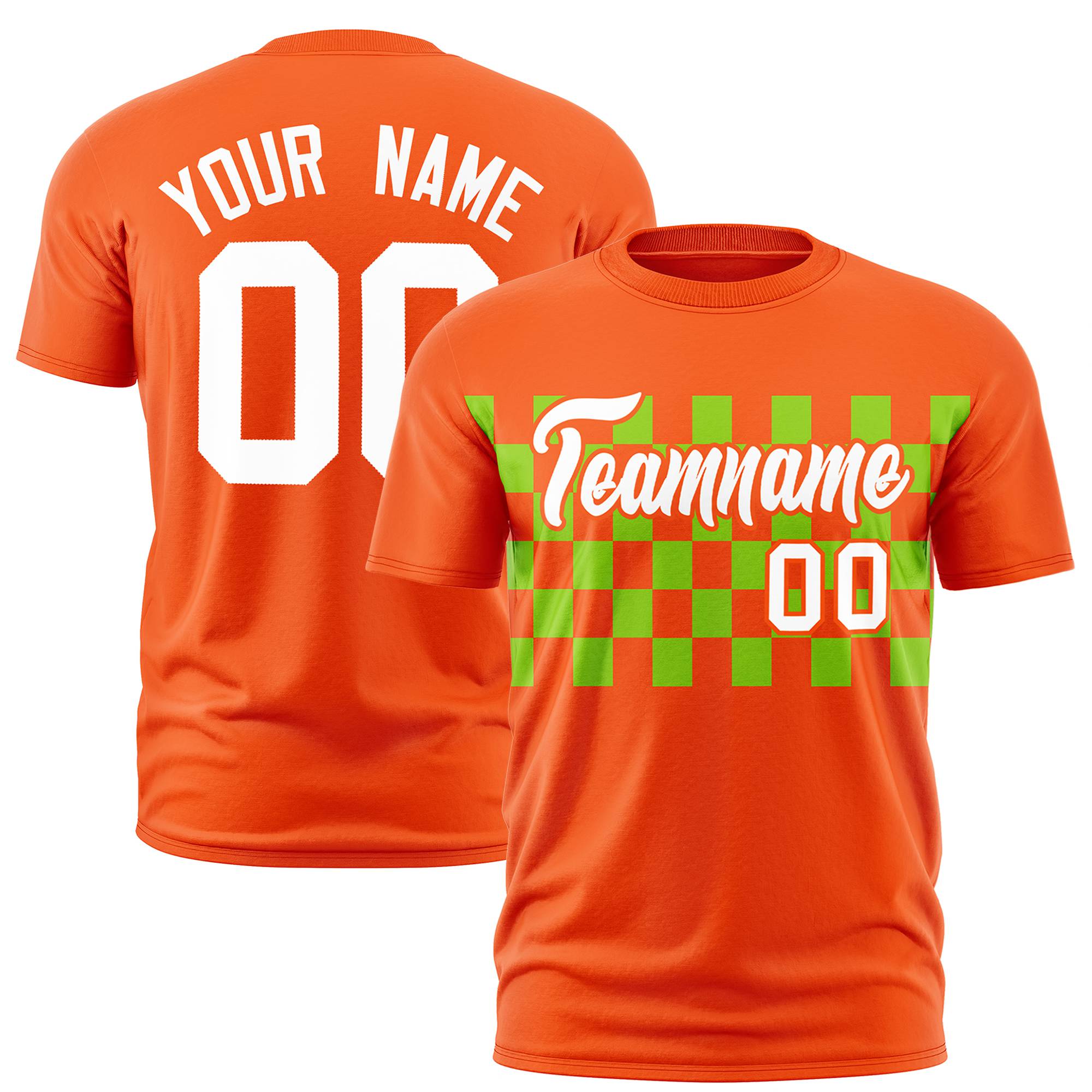 Custom Orange Neon Green Crew neck Plaid Pattern Personalized Performance T-Shirt