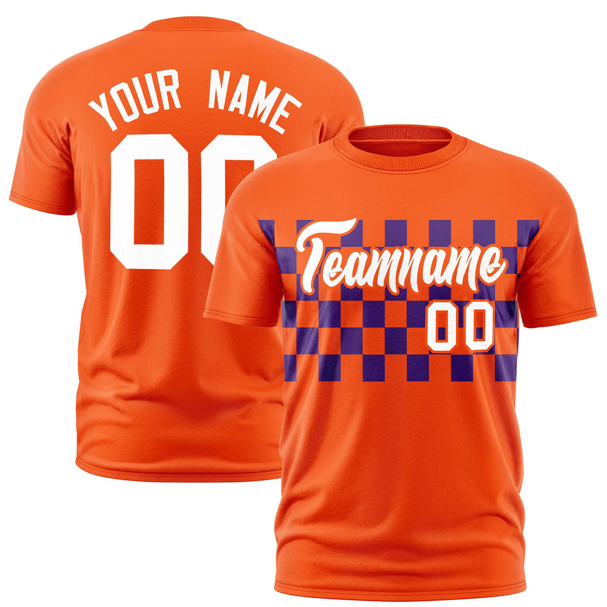 Custom Orange Purple Crew neck Plaid Pattern Personalized Performance T-Shirt
